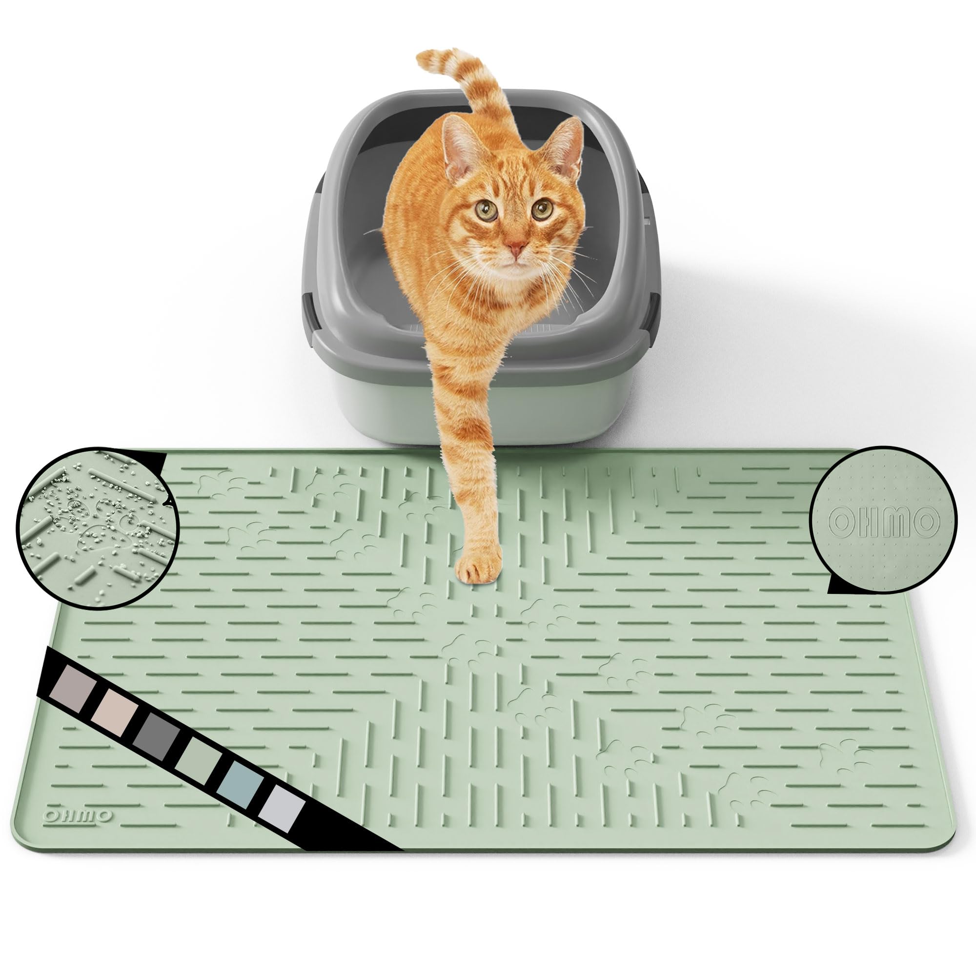 OHMO Cat Litter Mat Large Trapping Mat Premium Silicone Rubber 23.5x16 Sage Green, Waterproof and BPA Free Kitty Litter Box Mat,