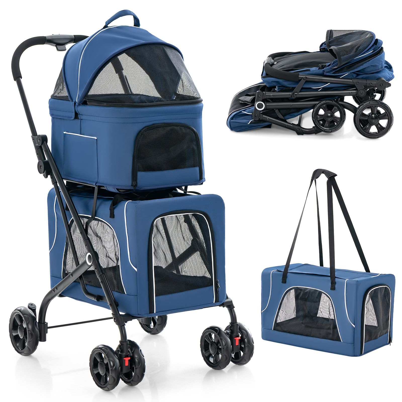 PETSITE Double Dog Stroller, Foldable 3-in-1 4 Wheels Cat Pet Stroller with 2 Detachable Carriers, Safety Belt, Washable Cover, 