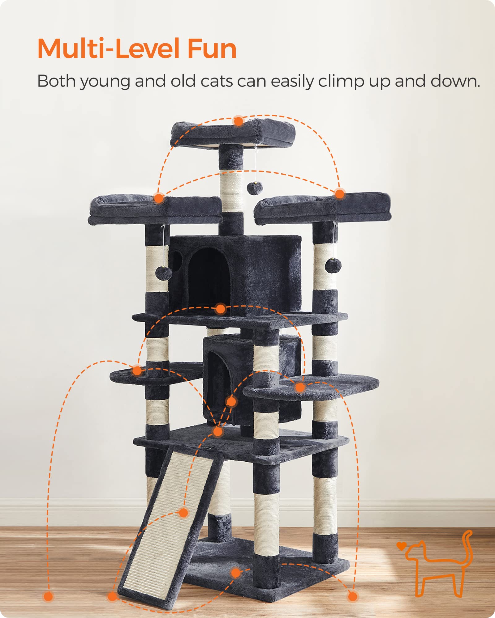 Feandrea 67-Inch Multi-Level Cat Tree for Large Cats, Smoky Gray, XL, Model UPCT18G, Durable Particleboard & Plush Fabric