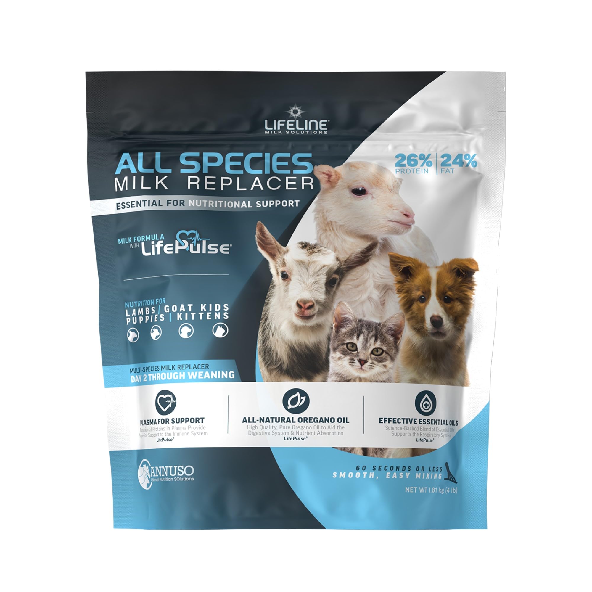 ANNUSO LIFELINE All Species Milk Replacer 26:24, 4lb Bag - Milk Formula with LifePulse - For Kittens, Puppies, Goat Kids, Lambs 