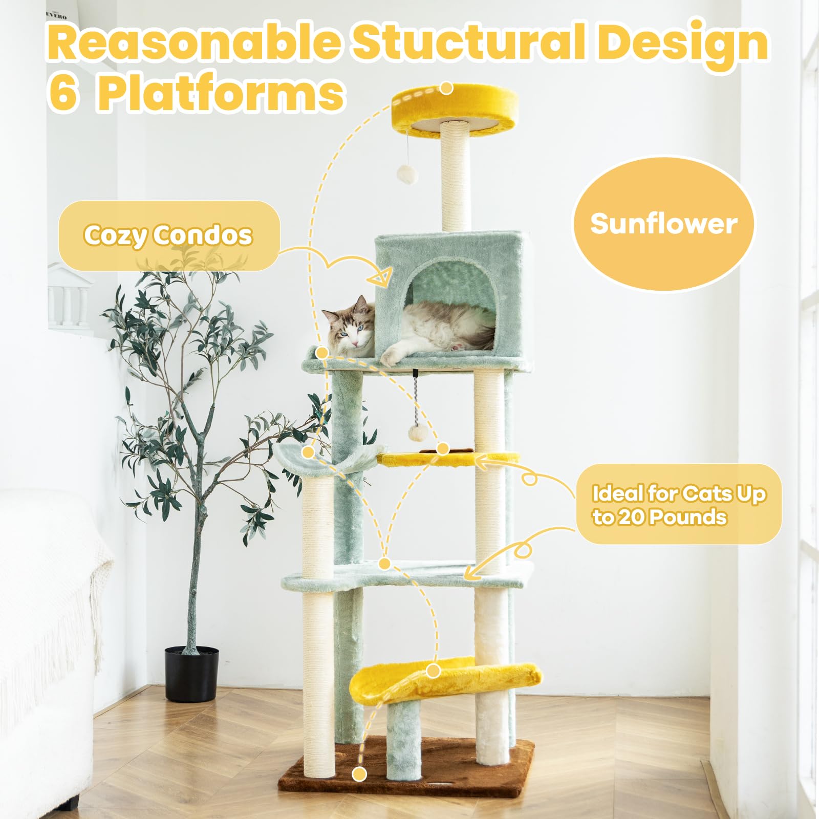 Hyabi 65.5 Inch Sunflower Cat Tree Tower Condo Furniture Apartment Plush Habitat Kitten Amusement Platform With Scratch Posts Toy Ball Pet House Play(Large 65.5' H)