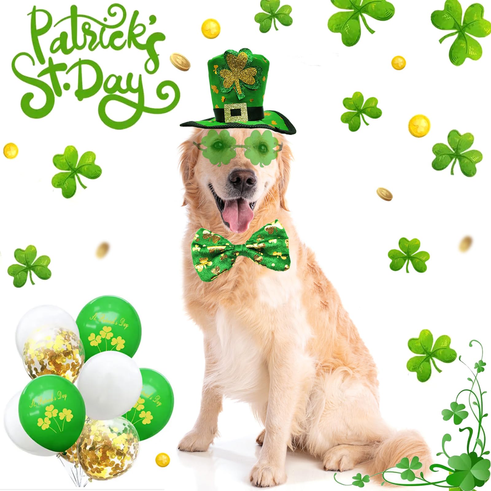St Patrick'S Day Dog Costume 3 Pcs Irish Leprechaun Green Tall Hat Pet Shamrock Sunglasses Bow Tie Kit For Medium Large Dogs Sai