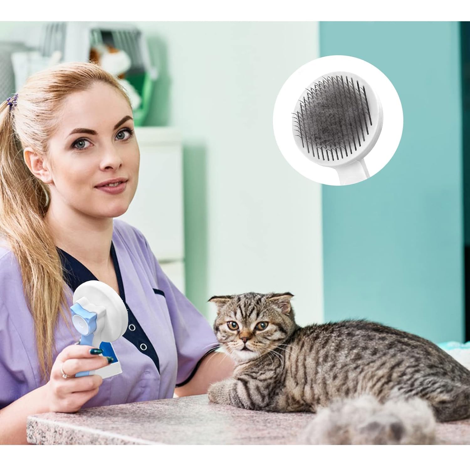 Generic Cat & Dog Grooming Brush, Pink - Self-Cleaning Slicker Brush With Massage Particles, Removes Loose Undercoat, Ergonomic
