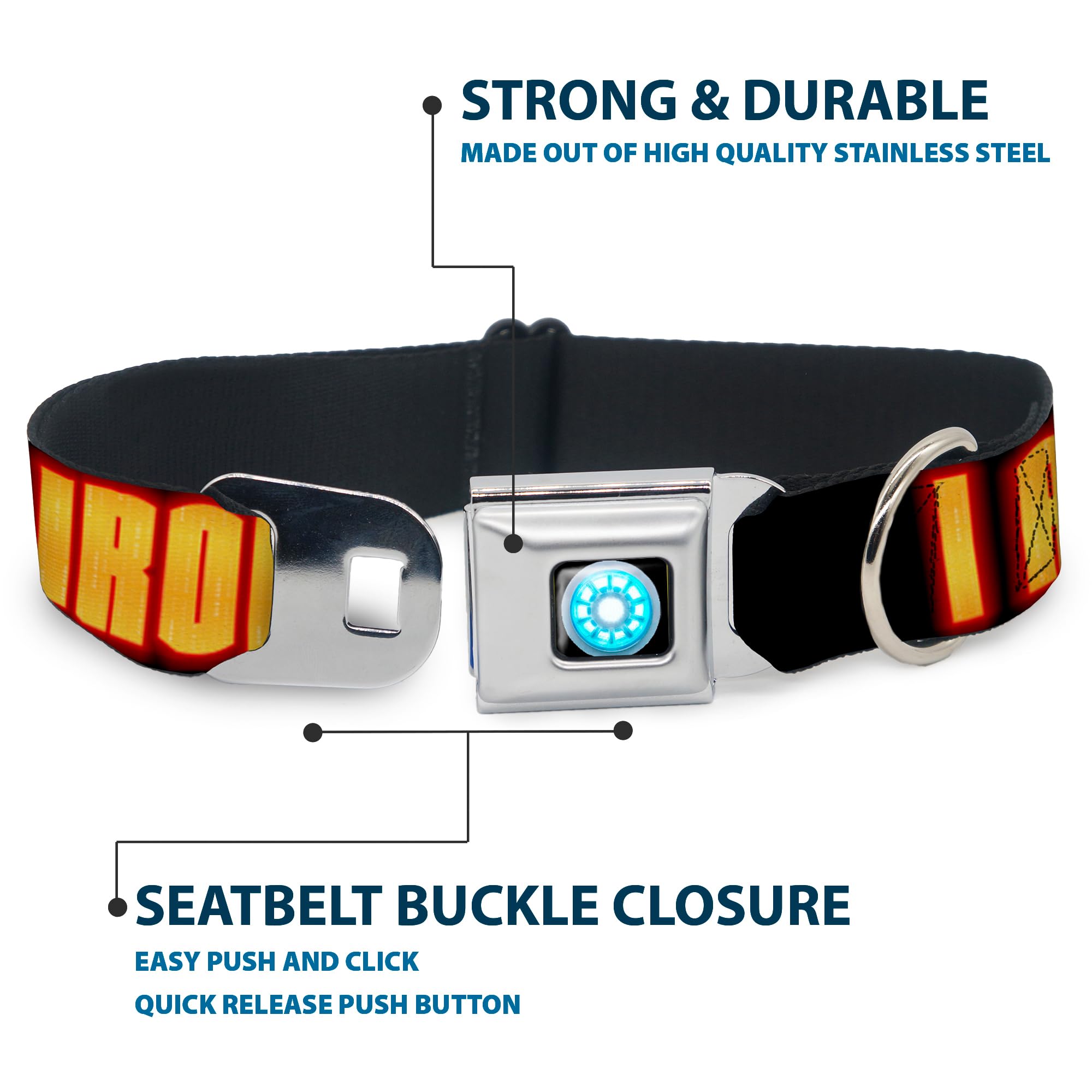 Buckle-Down Seatbelt Buckle Dog Collar - Iron Man Face/I Am Iron Man Black/Yellow Glow - 1.5'' Wide - Fits 18-32'' Neck - Large