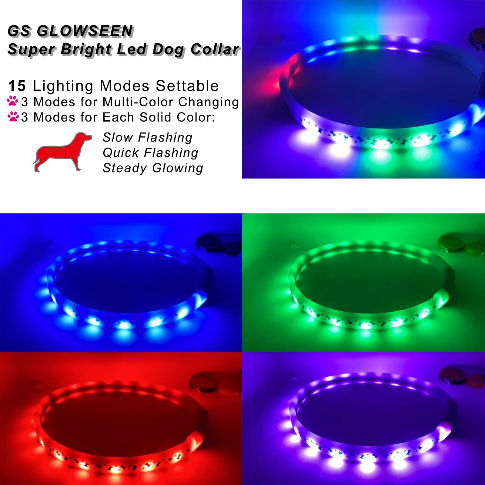 Led Dog Collar - Color Changeable Light Up Dog Collars Usb Rechargeable,15 Light Effects Glow In The Dark Collar Weatherproof Fi