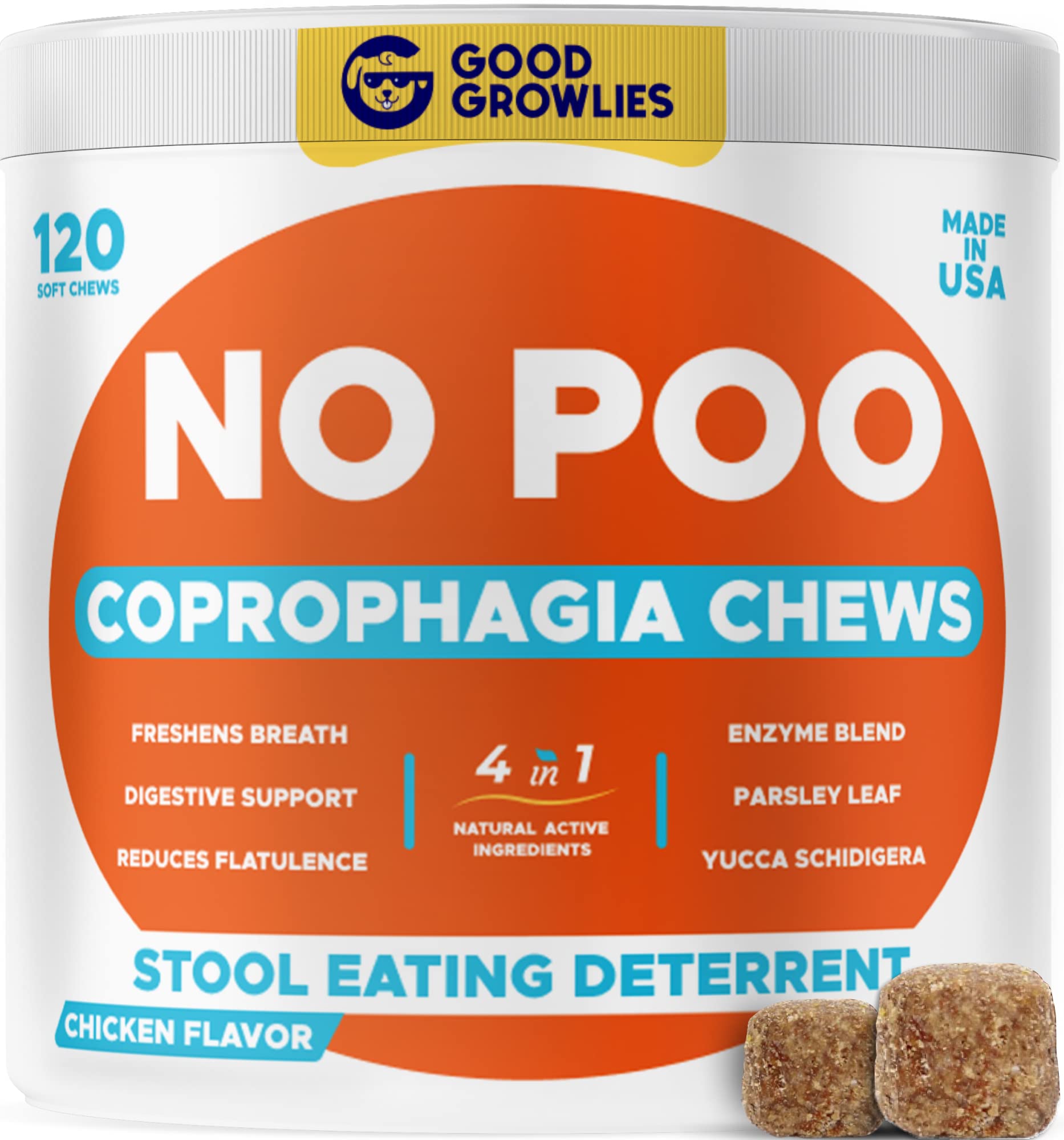 Chew No Poo - Coprophagia Treatment for Dogs - Prevent Dog Poop Eating - Natural Stool Eating Deterrent + Breath Aid - Probiotic