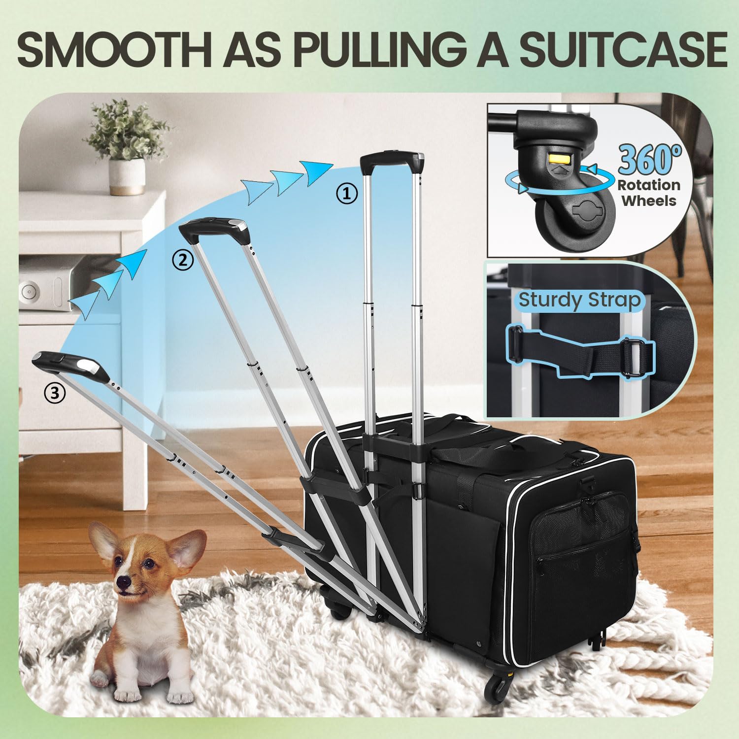 Petskd Large Rolling 2 Compartments Pet Carrier For 2 Cats Or A Medium Dog, 24''X 17''X 15'' Double Cat Carrier With Wheels And
