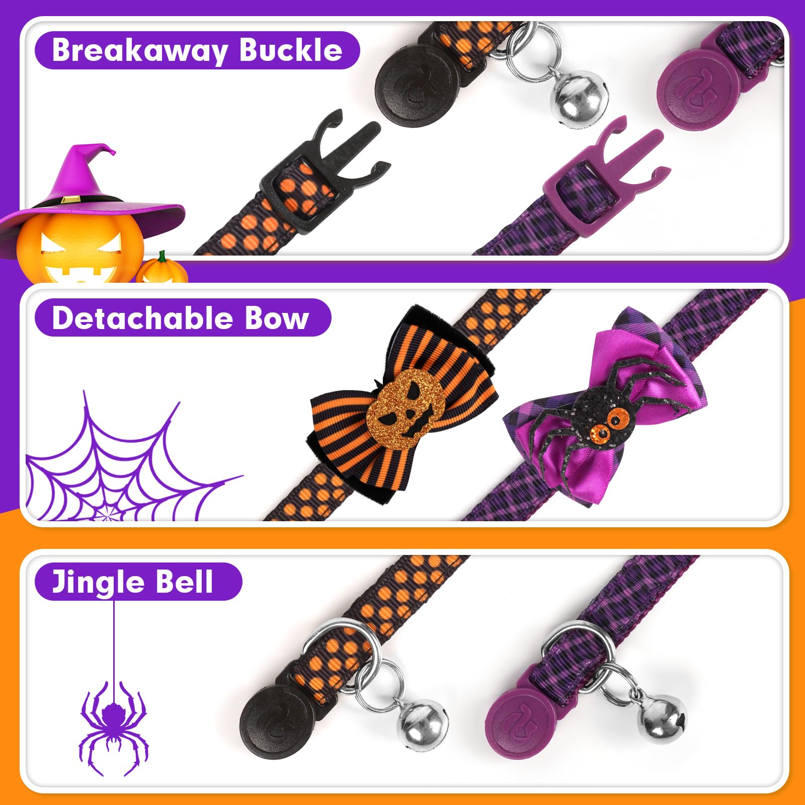 Azuza Halloween Cat Collar Breakaway With Bell 2 Pack Bow Tie Cat Collar With Cute Sequined Pumpkin & Spider Cat Collar For Halloween Party Adjustable From 8' - 12'