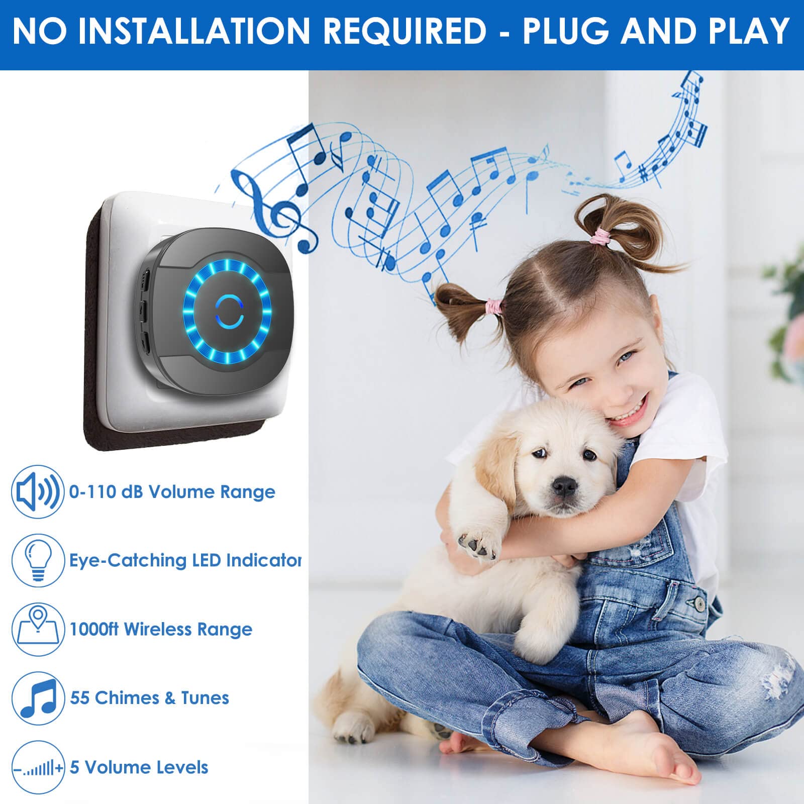 Lalolee Dog Bell for Door Potty Training - Waterproof Wireless Doorbell with 55 Melodies, 5 Volume Levels, 2 Receivers, Model DWDAT1-BLK-1
