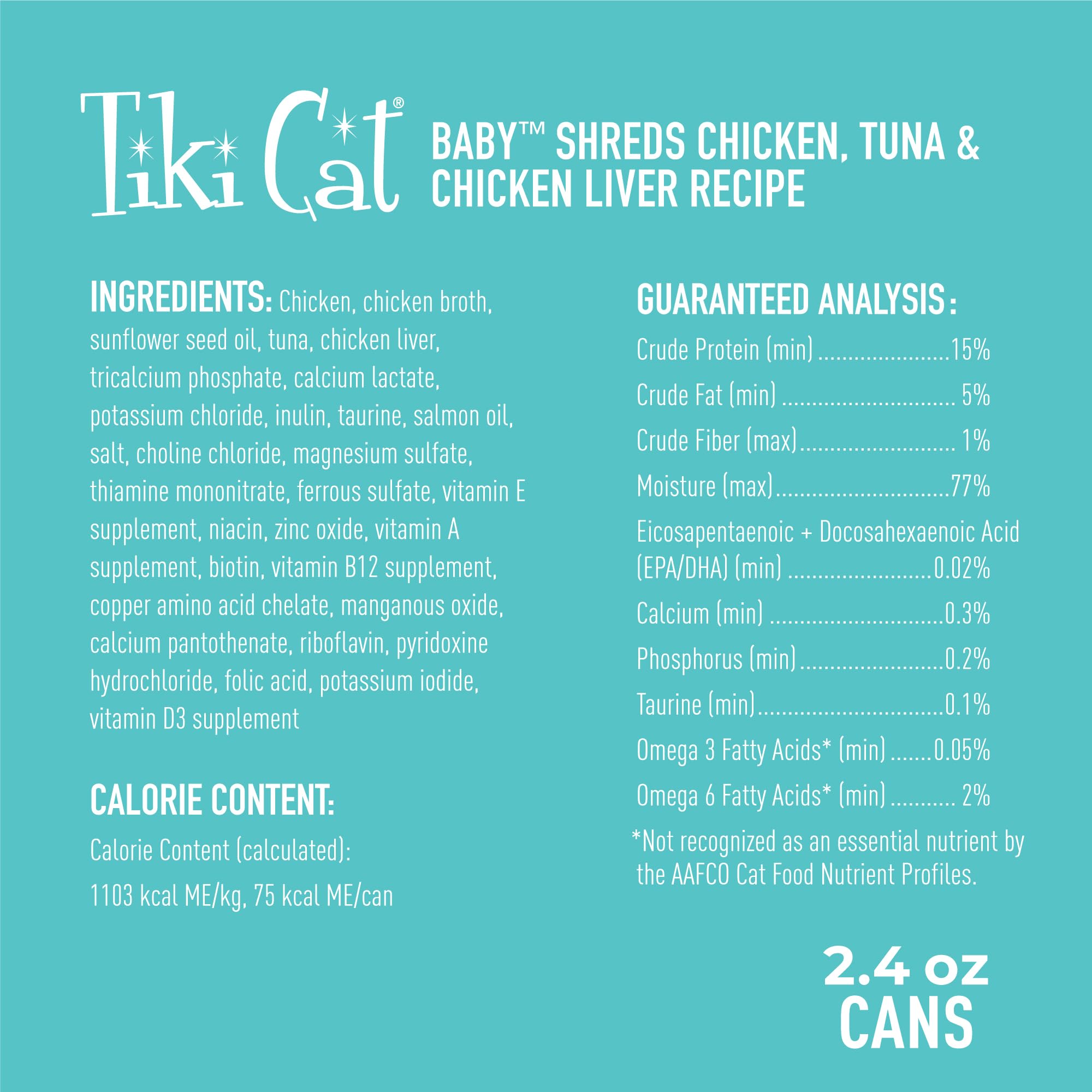 Tiki Cat Baby, Chicken Tuna & Chicken Liver Shreds, High-Protein and Flavorful, Wet Cat Food for Kittens 8 Weeks Plus, 2.4 oz. C