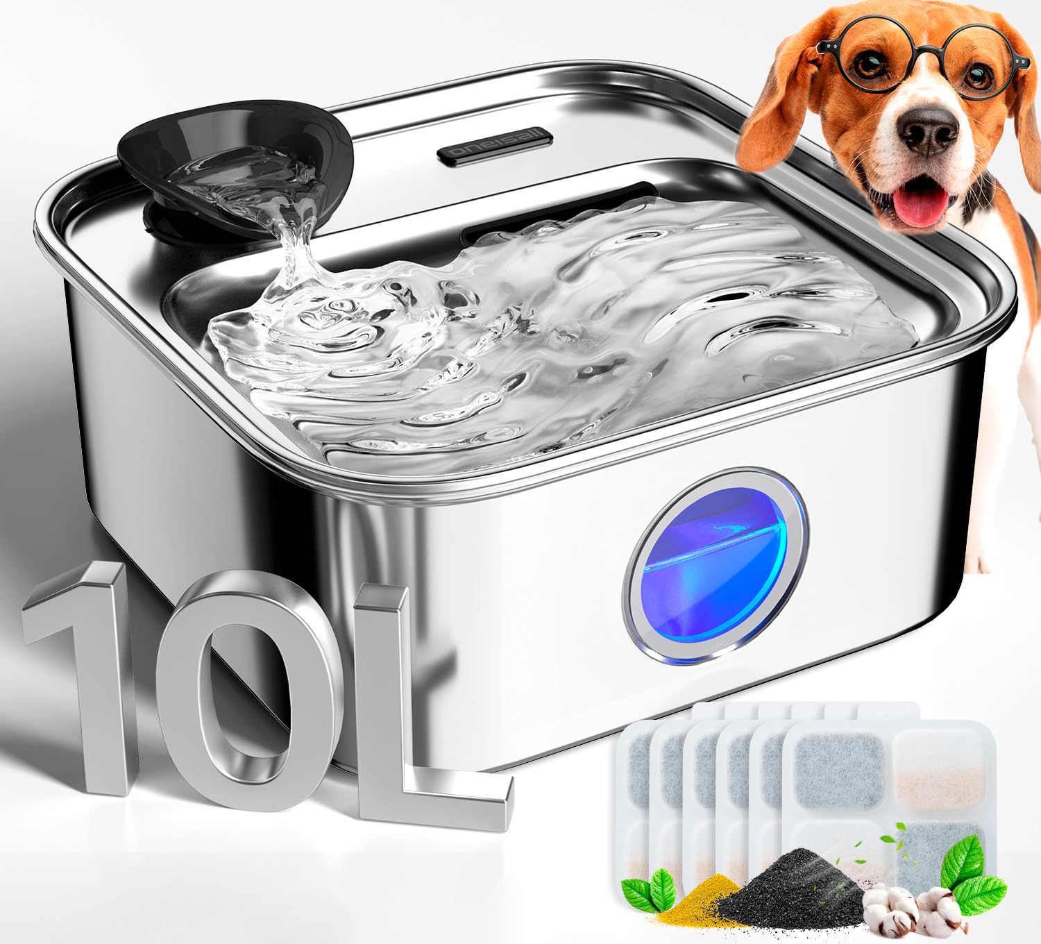 oneisall Dog Water Fountain, 2.6Gal/10L Stainless Steel Dog Water Bowl Dispenser with Deeper Drinking Aera & Washable Filter, Ul