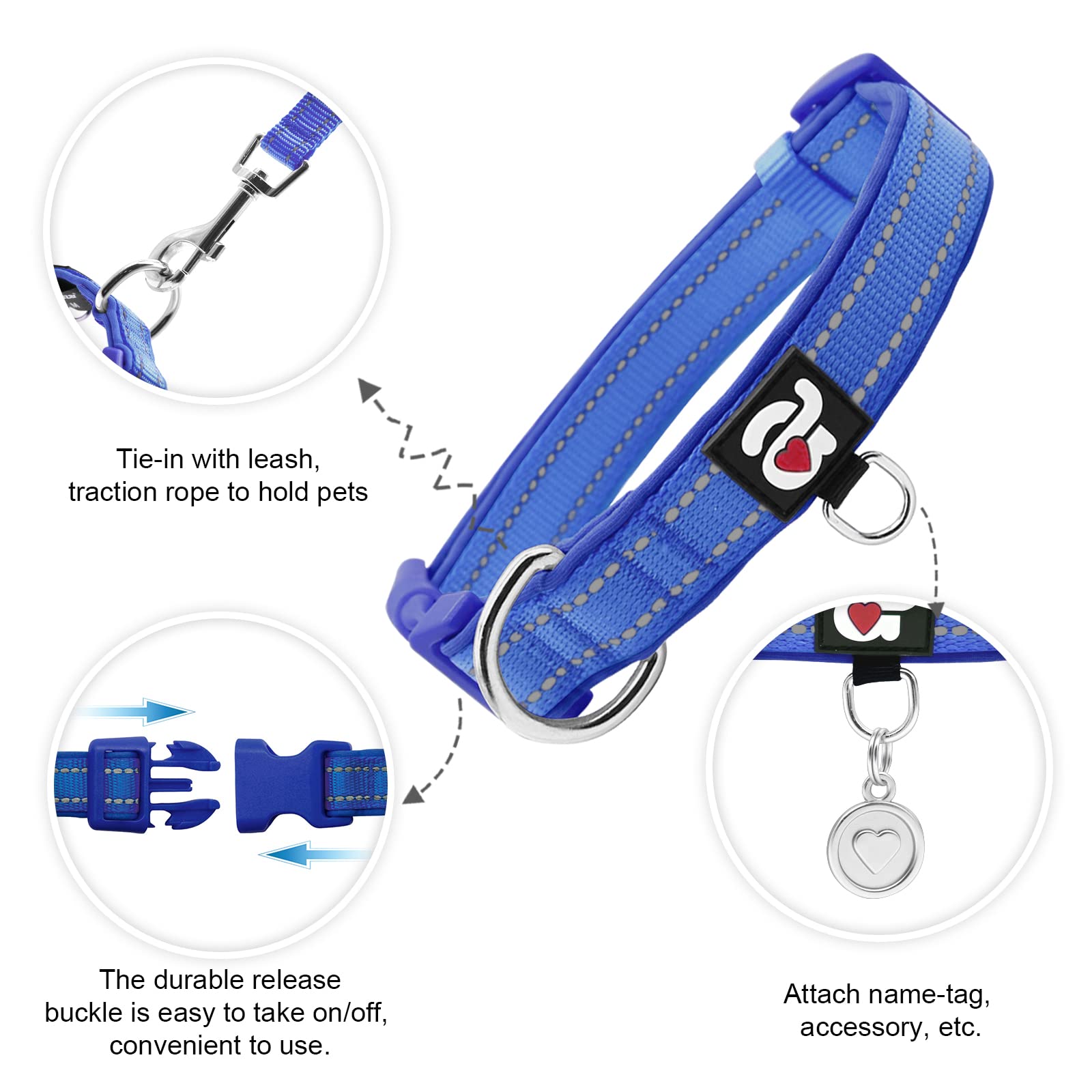 Azuza Reflective Dog Collar,Soft Neoprene Padded Pet Collar With Id Tag Ring,Adjustable For Large Dogs,Royal Blue,L