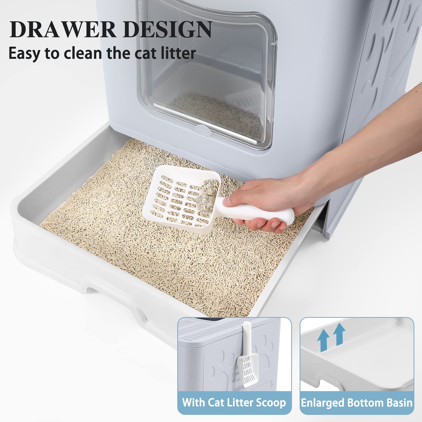Bolux Foldable Cat Litter Box With Lid, Extra Large Litter Box With Cat Litter Scoop, Drawer Type Cat Litter Pan Easy To Scoop & Low Tracking (Grey Xl)