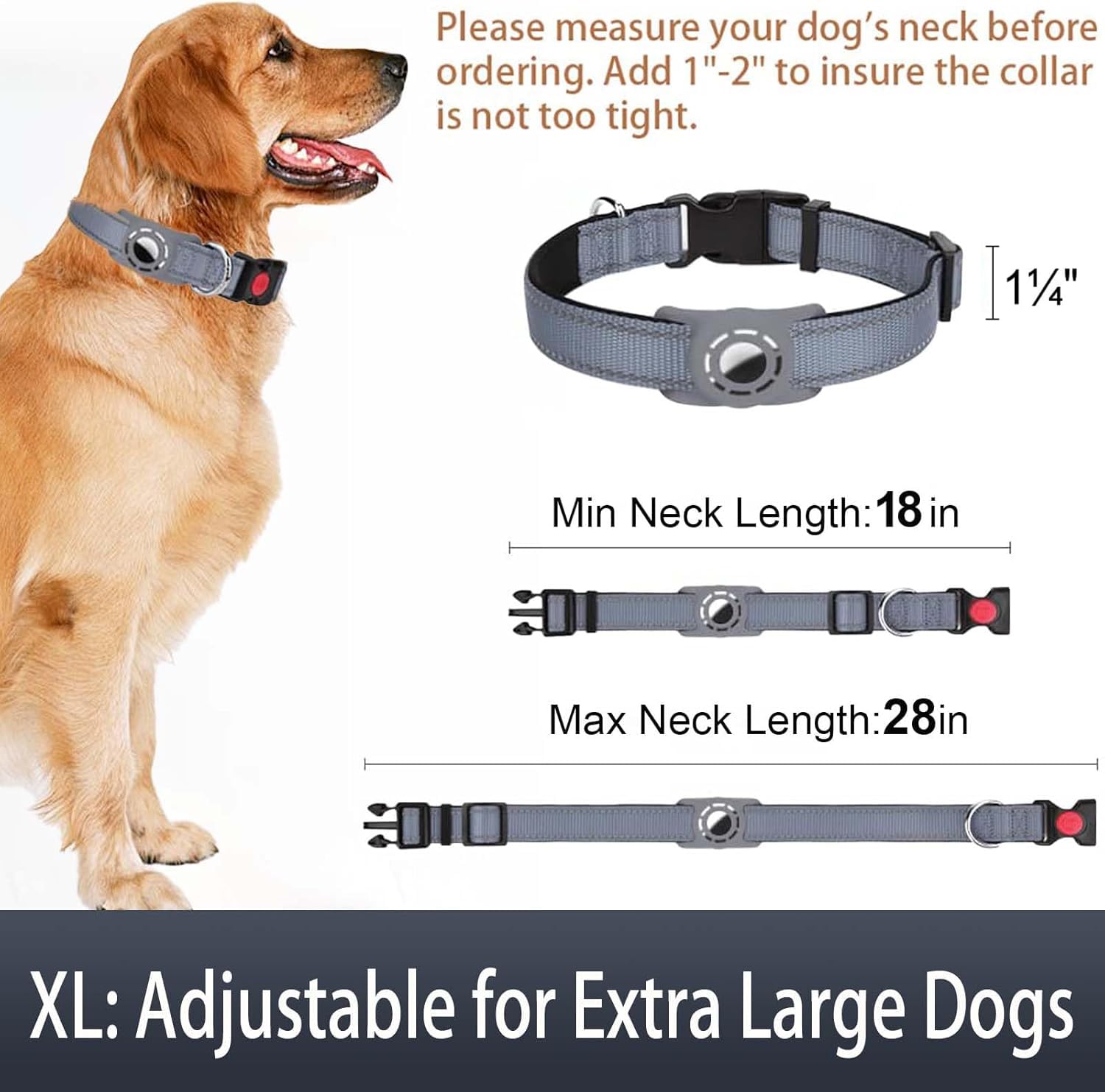 Erbine Airtag Dog Collar For Large Dogs, Reflective Dog Collars With Airtag Holder, Soft Padded & Safety Locking Buckle, Nylon Pet Collar Adjustable For All Breeds, Gray