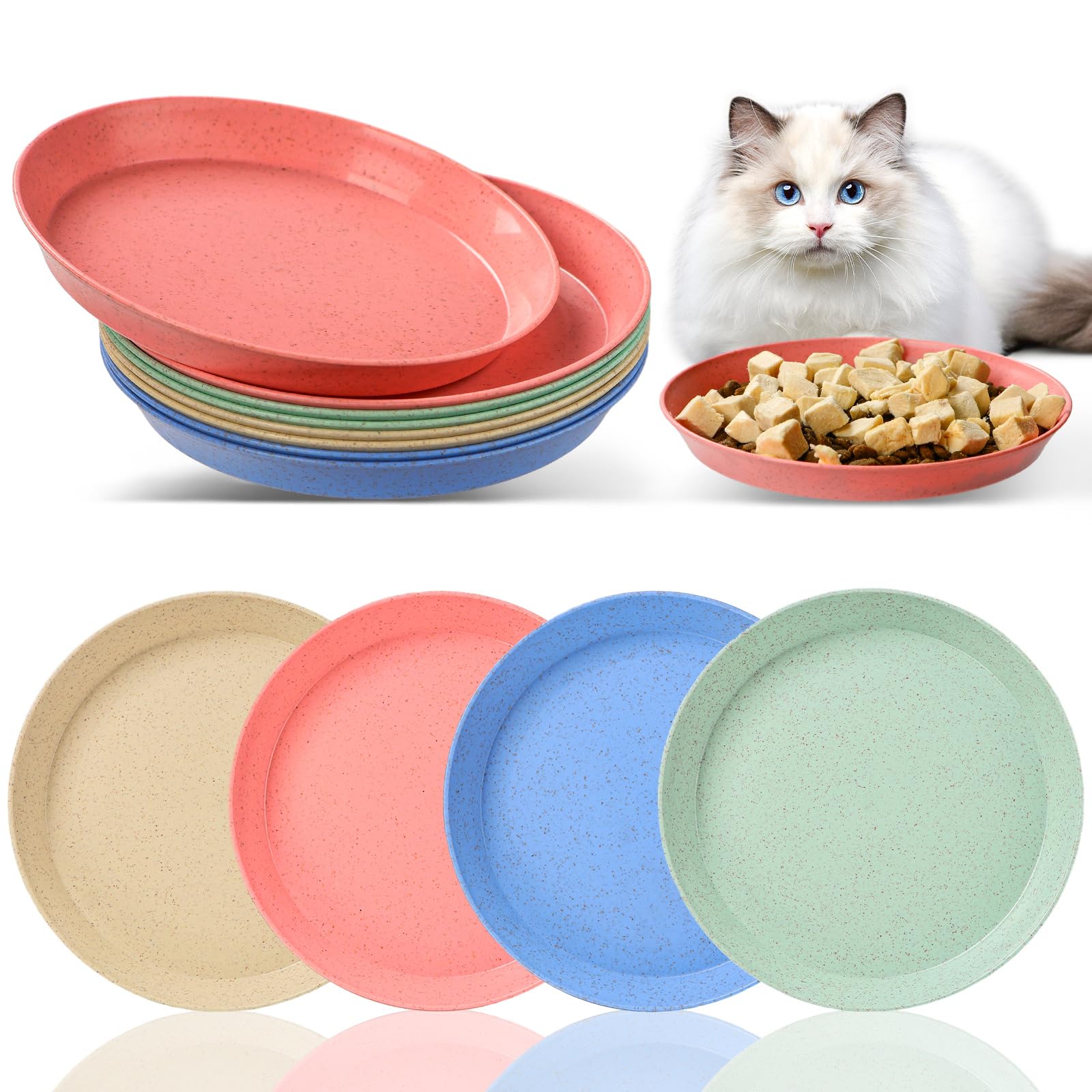 HMDZMR 8 Pcs Whisker Fatigue Cat Bowls, 6 Inch Shallow Cat Food Dish Wide Cat Feeding Bowls, Wheat Straw Pet Plate for Kittens a