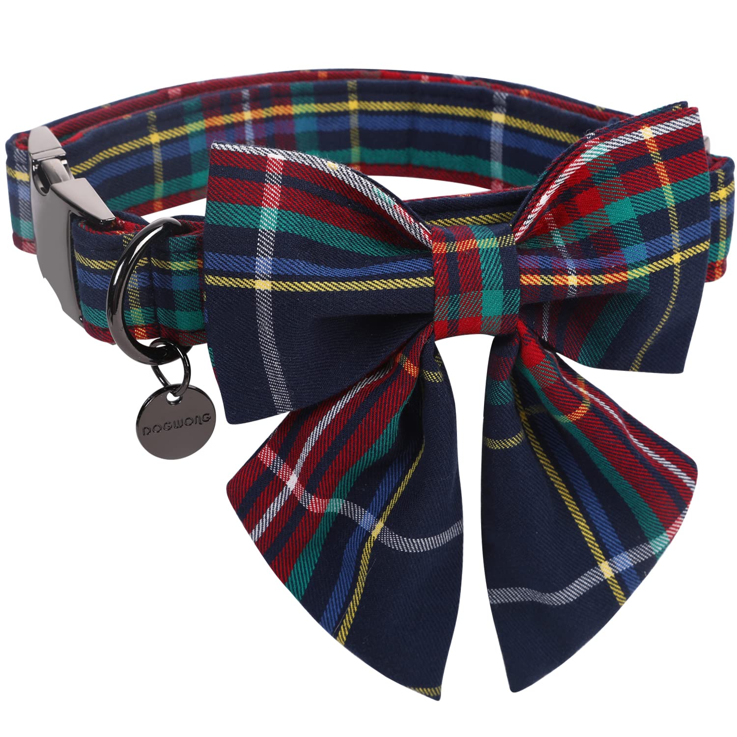 Dogwong Christmas Dog Collar With Sailor Bow Tie, Red Blue Plaid Dog Collar Soft Durable Adjustable Cotton Blue Tartan Gingham P