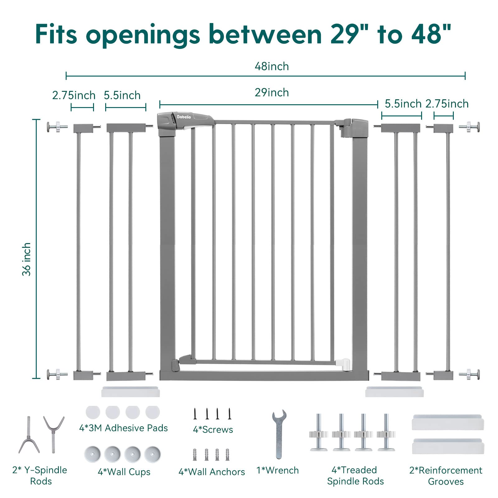 Babelio 36 Inch Tall Metal Baby Gate, 29-48' Auto Close Pressure Mounted Dog Gate For Stairs?Doorways & Hallway, Protector Basics Easy Walk Thru Pet Gate, Child Gate With 4*Wall Cups,Gray