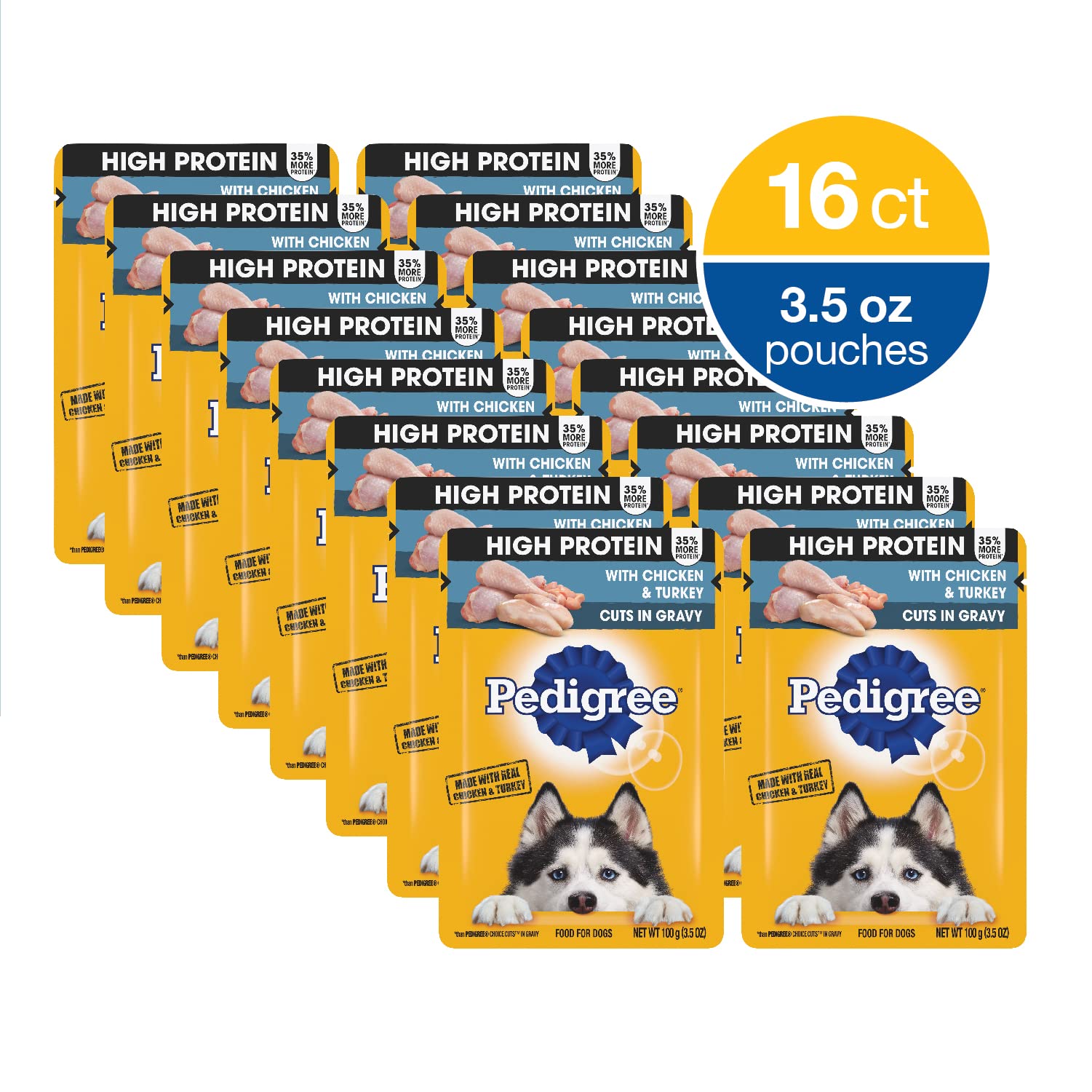 Pedigree High Protein Wet Dog Food Pouches, with Chicken and Turkey Cuts in Gravy, 3.5 oz. Pouches, 16 Count