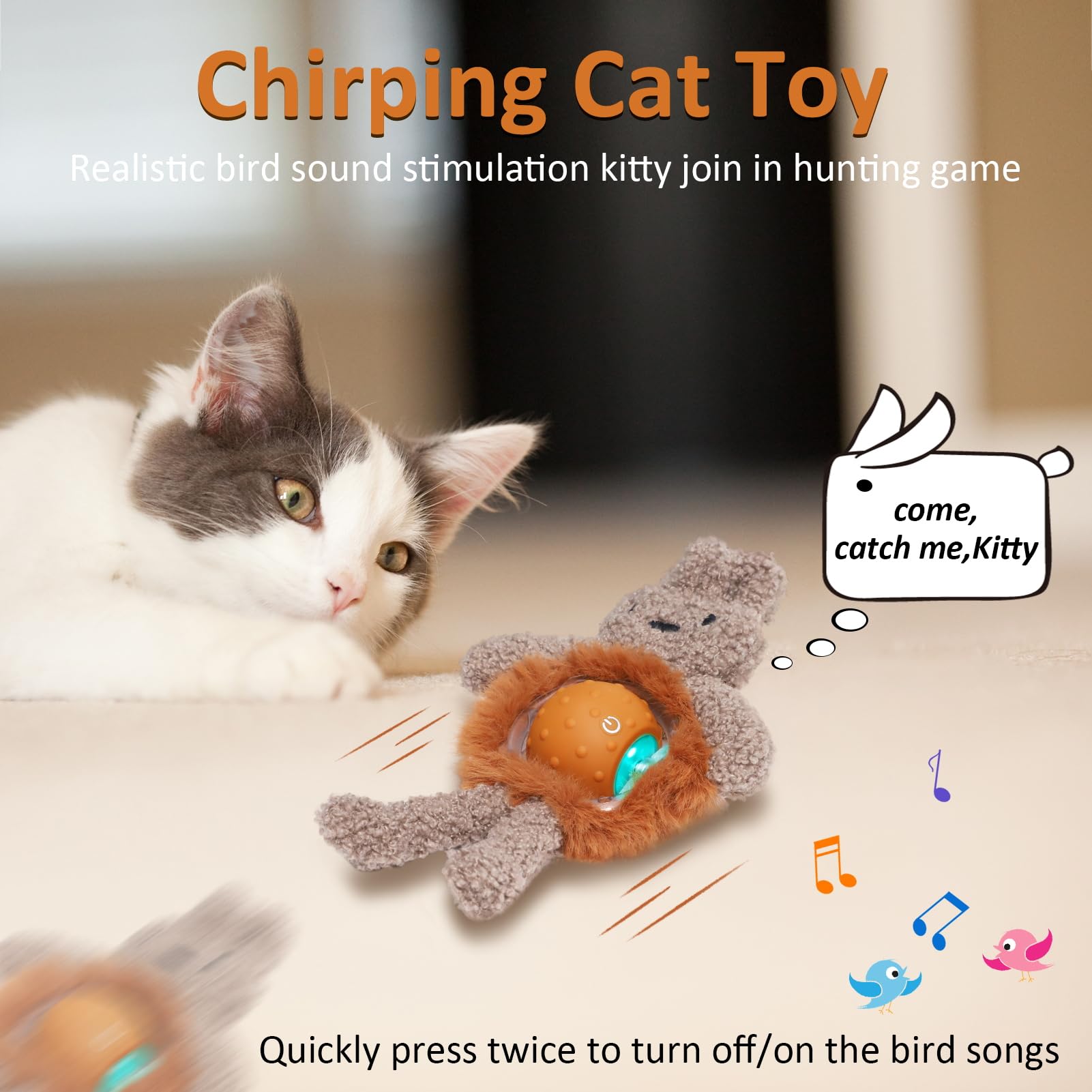 Interactive Cat Toys For Indoor Cats,Fast Moving Ball With Rabbit Cover,Bird Chirping Toy For Bored Indoor Adult Cats,Automatic