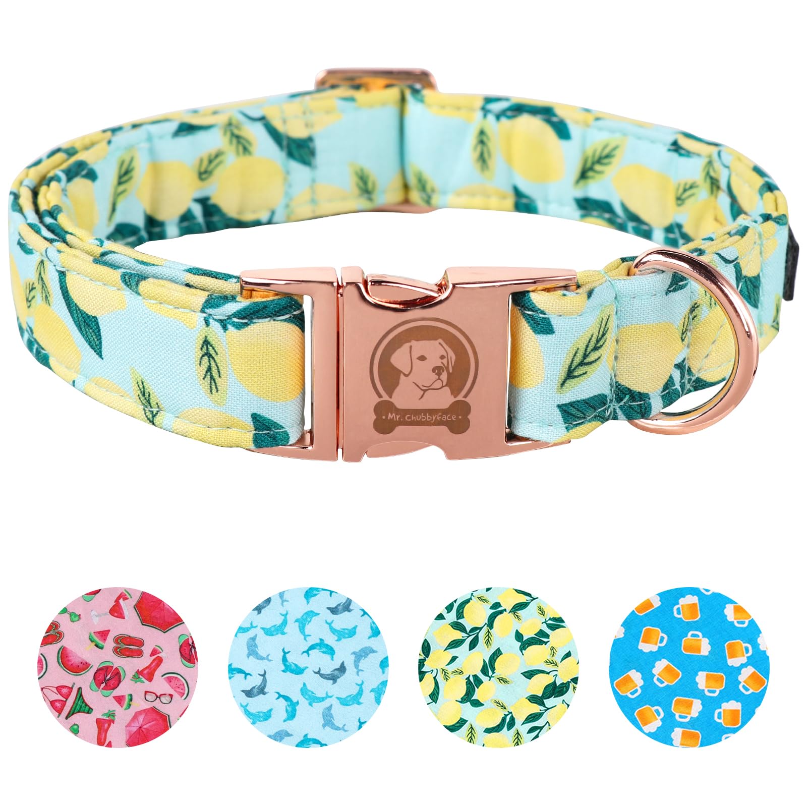 Mr. Chubbyface Spring Summer Dog Collar, Cute Green Lemon Dog Collars, Adjustable Durable Soft Natural Fabric Pet Collar For Sma