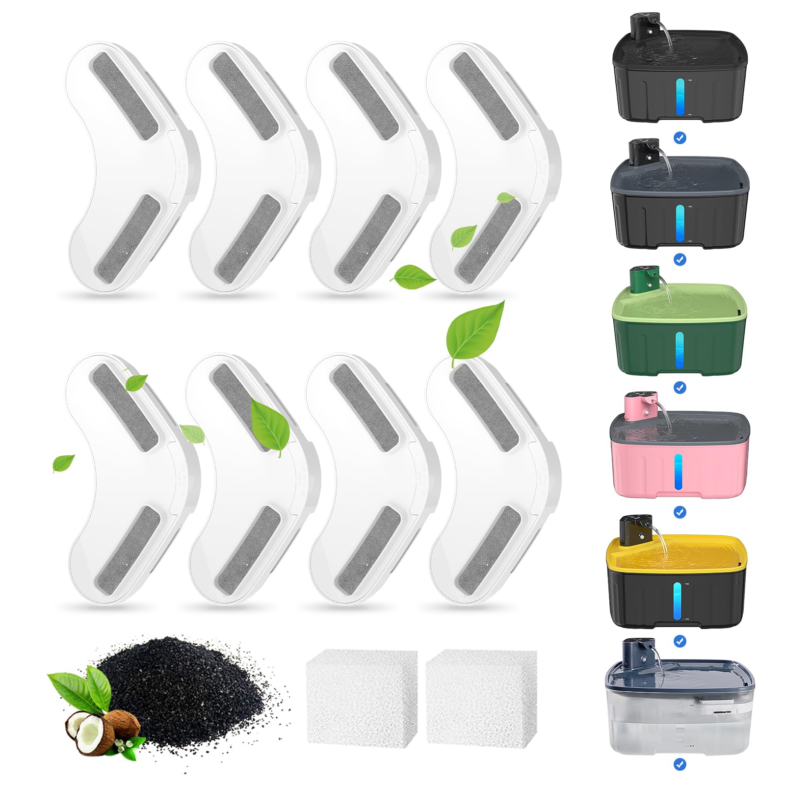 Kenida Dog Water Fountain Filters,Replacement Filter for 2.1GAL/270oz Large Dog Fountain,8 Packs Filters & 2 Sponges Set for 8L 