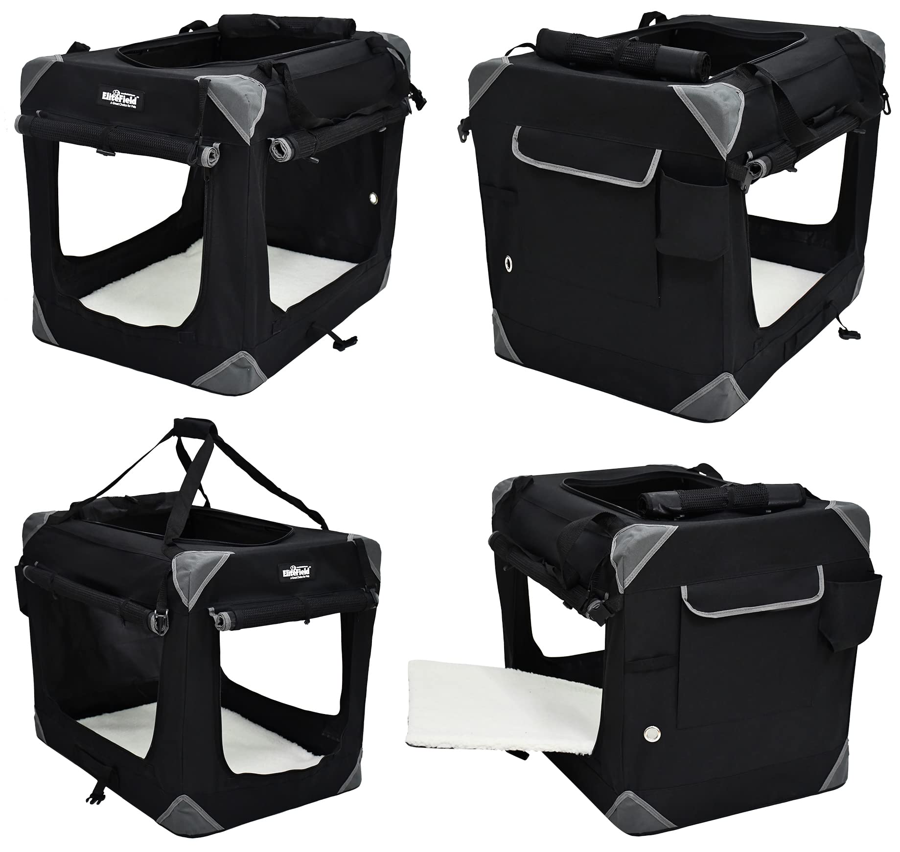 Elitefield 4-Door Folding Soft Dog Crate With Curtains, Carrying Bag And Fleece Bed (2 Year Warranty), Indoor & Outdoor Pet Home (36' L X 24' W X 28' H, Black+4 Door Curtains)