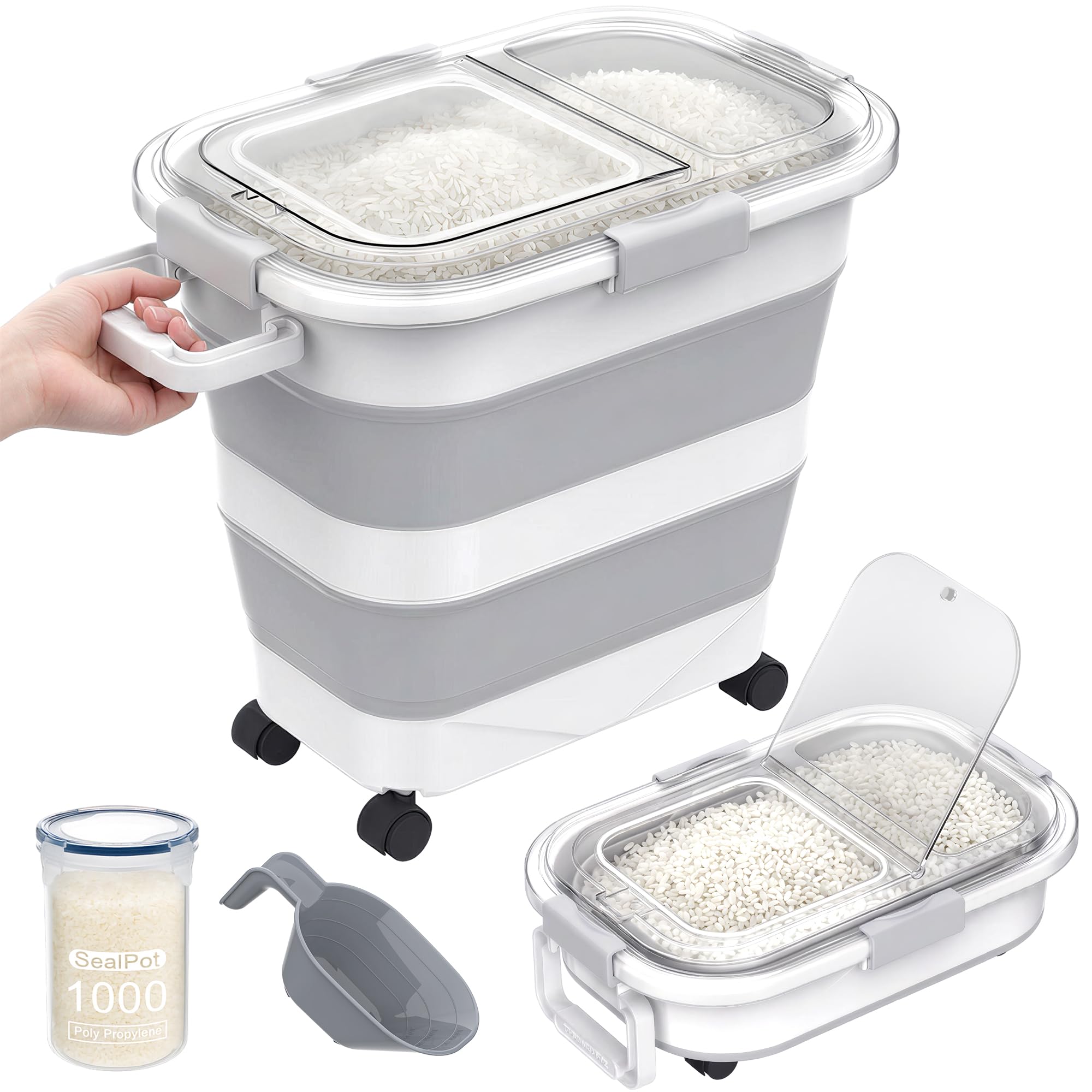 25-35Lbs Rice Container,Collapsible Food Storage Containers With Transparent Airtight Lid,Wheels,Rice Storage Container With Sma