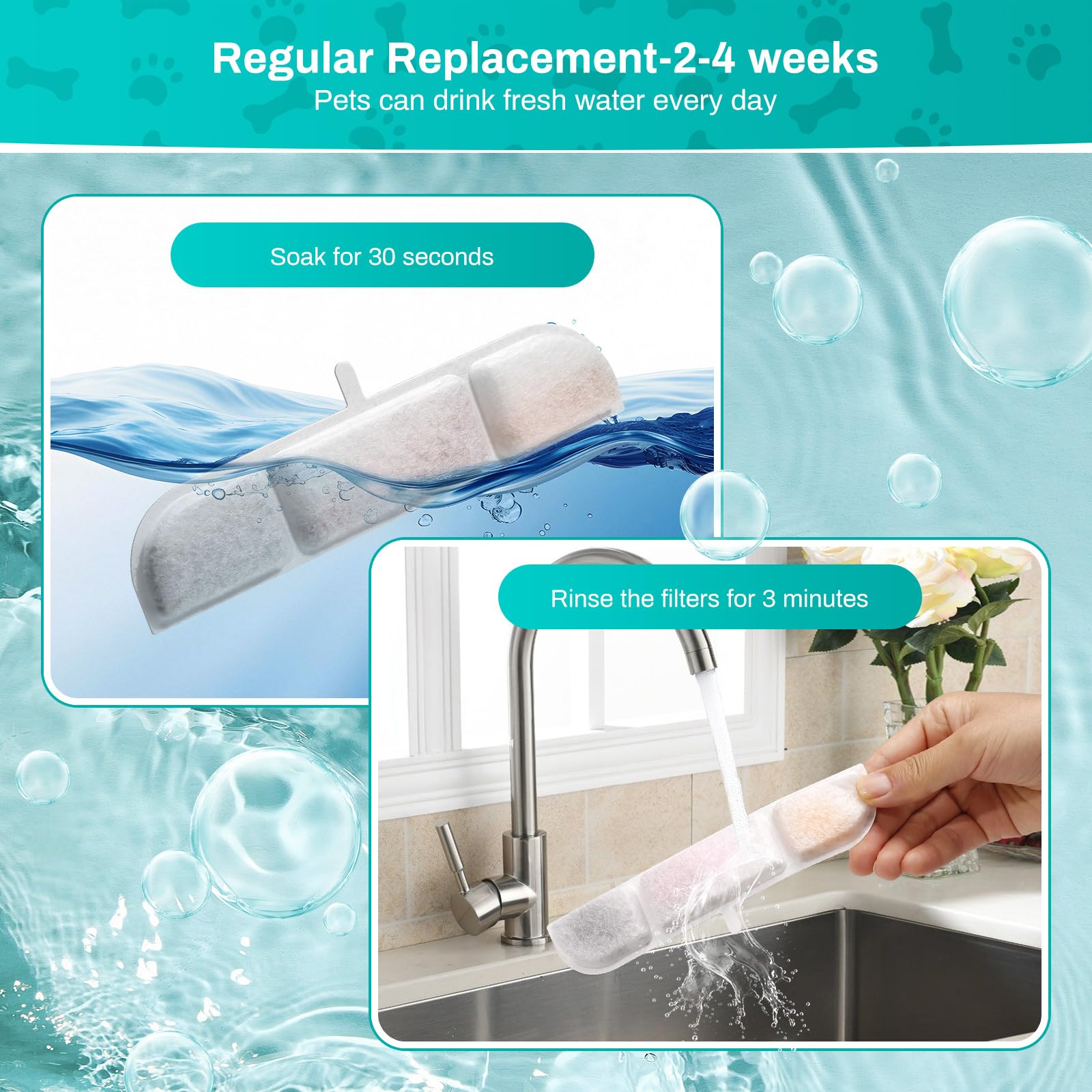 SgurFin 6 Packs Replacement Filters for Cat Water Fountain, Stainless Steel, 84oz/2.5L, White, Model SF-MR01