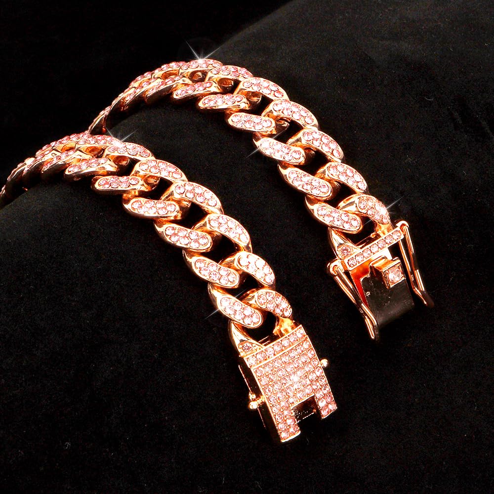 Pink Dog Collar For Female Dogs - Chihuahua, Small, Puppy Cuban Link Collar And Leash - Cute Spiked Cat Collar
