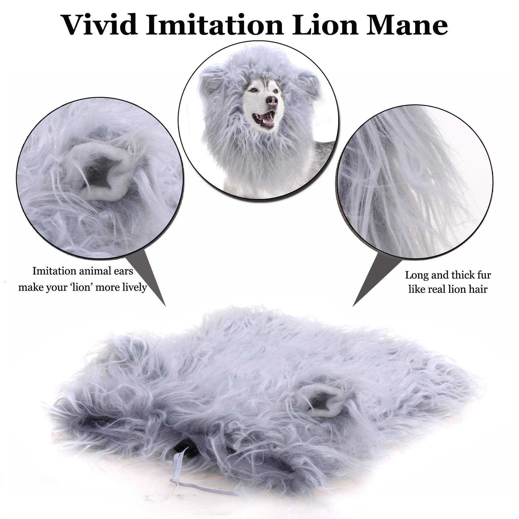 Onmygogo Lion Mane Wig For Dogs With Ears, Funny Pet Costumes For Halloween Christmas (Size L, Grey With White)