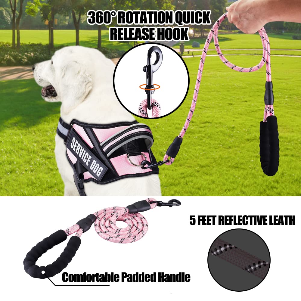 Service Dog Vest Harness And Leash Set, Animire In Training Harness With 8 Dog Patches, Reflective Leash With Soft Padded Handle For Small, Medium, Large, And Extra-Large Dogs(Pink,L)