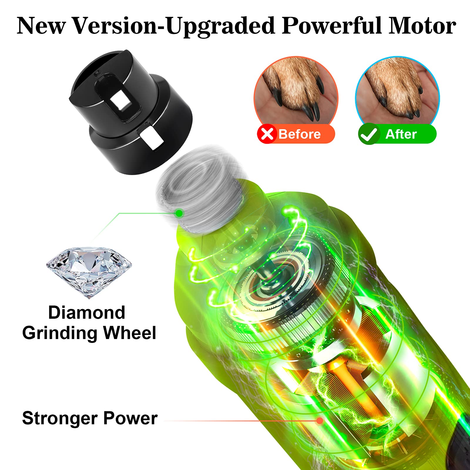 Bousnic Dog Nail Grinder With 2 Led Light - Super Quiet Pet Nail Grinder Powerful 2-Speed Electric Dog Nail Trimmer File Toenail Grinder For Puppy Small Medium Large Breed Dogs & Cats (Green)