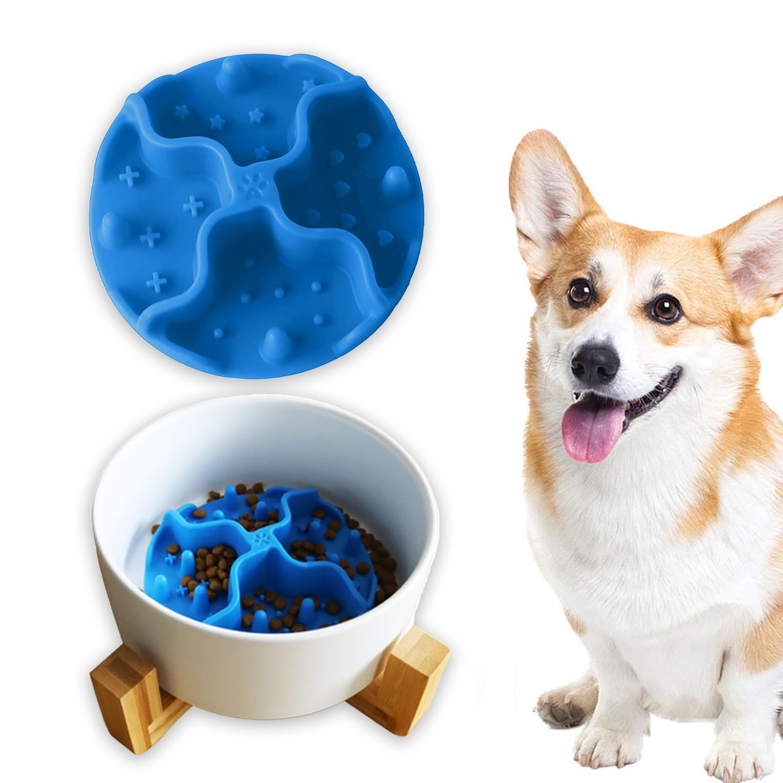Oligitdi Slow Healthy Pet Bowl Silicone Feeding Bowl, Wet Dry Separation Aiding Digestion Dog Cat Feeder With Suction Cups, Blue
