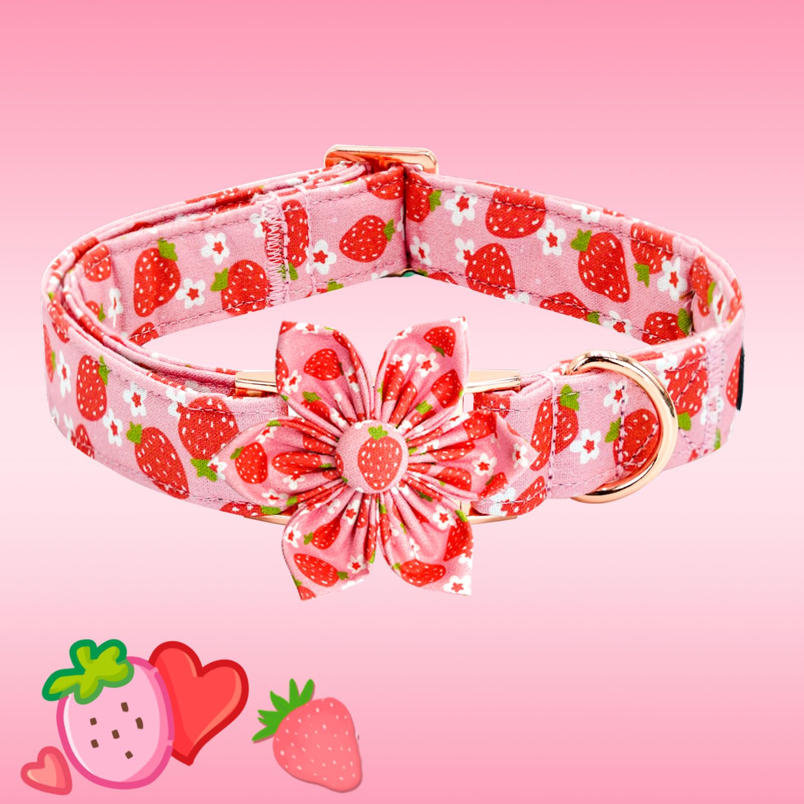 Elegant Little Tail Spring Dog Collar, Strawberry Print Cotton Soft Medium Dog Collar With Removable Flower Decoration, Fits Nec