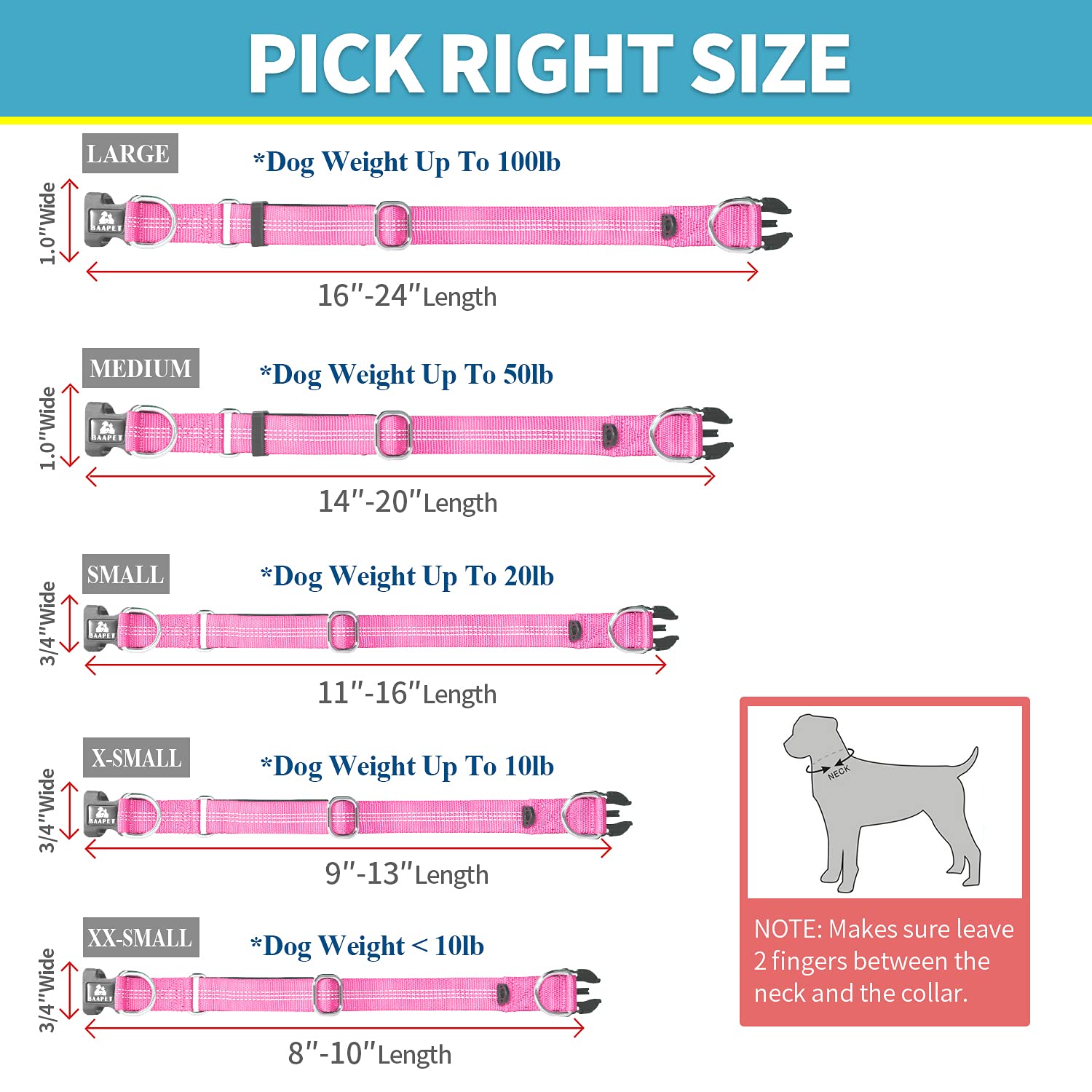 BAAPET Pink Dog Collar for Small to Large Dogs, XS - 3/4 x (9-13), Double Security Dual D-Ring with ID Tag Hanger