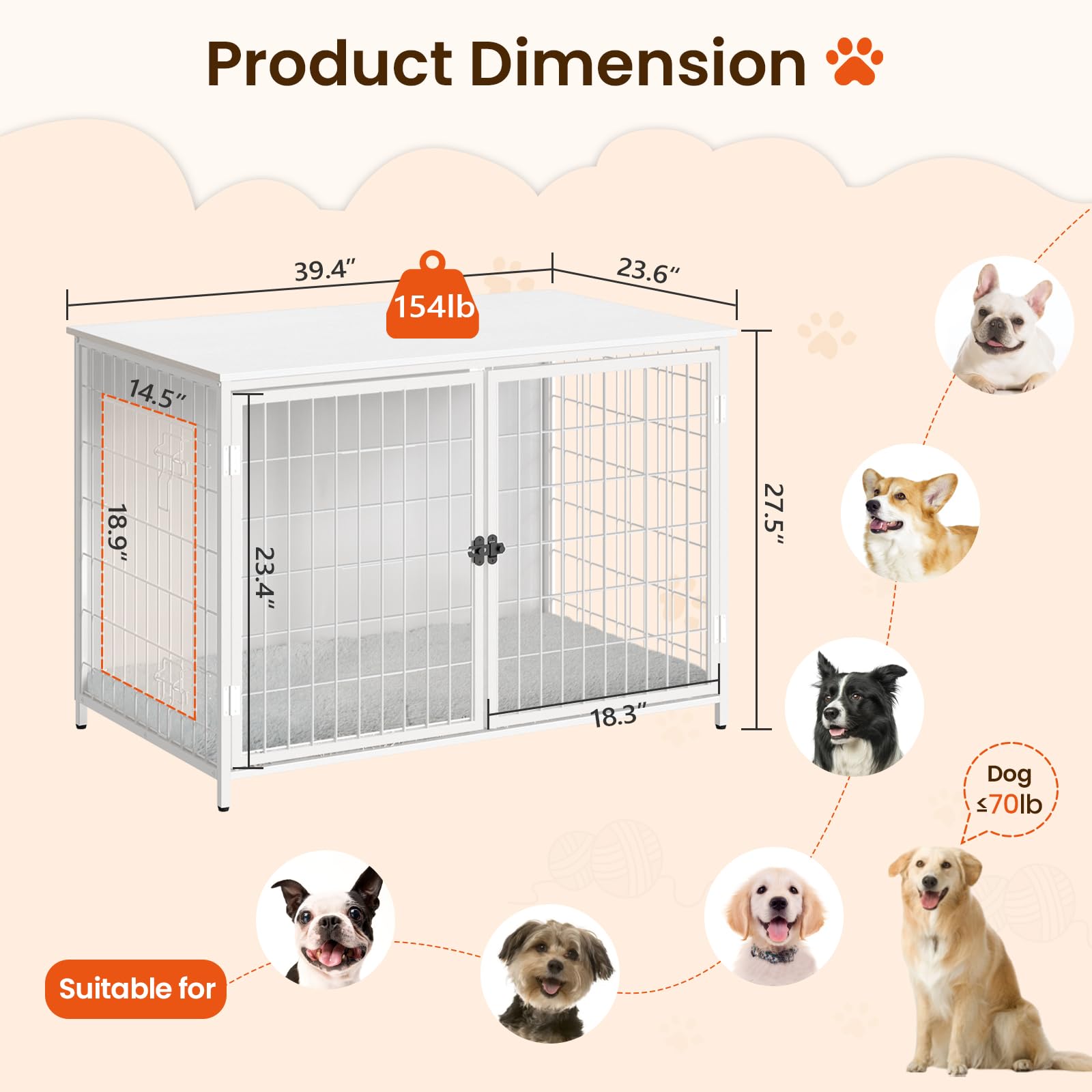 MAHANCRIS Dog Crate Furniture with Cushion, Wooden Dog Kennel with Double Doors, Heavy Duty Dog Cage for Small/Medium/Large Dogs