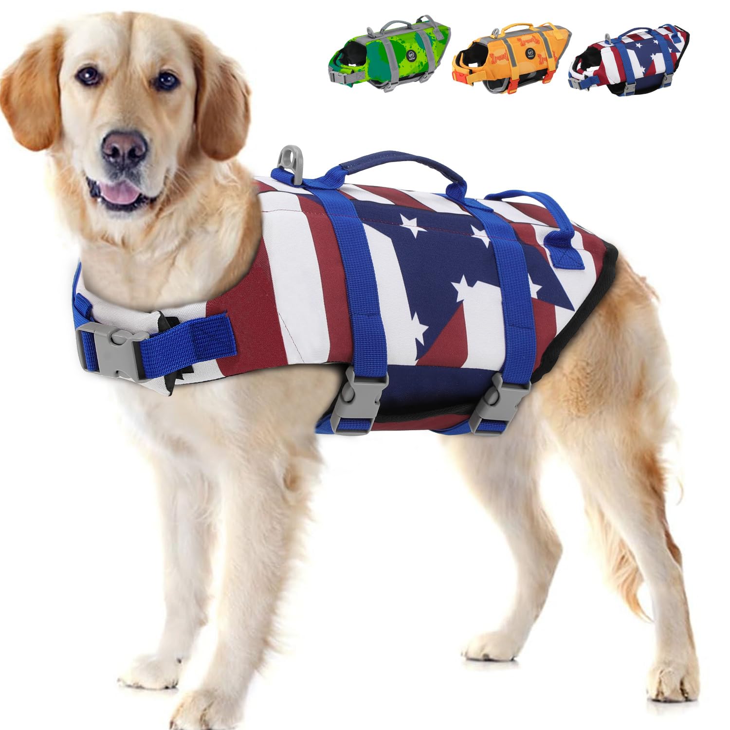 Emust Dog Life Vests, Adjustable Dog Life Jacket With Rescue Handle, Dogs Flotation Vest For Small/Medium/Large Dogs, Xs, Flagst