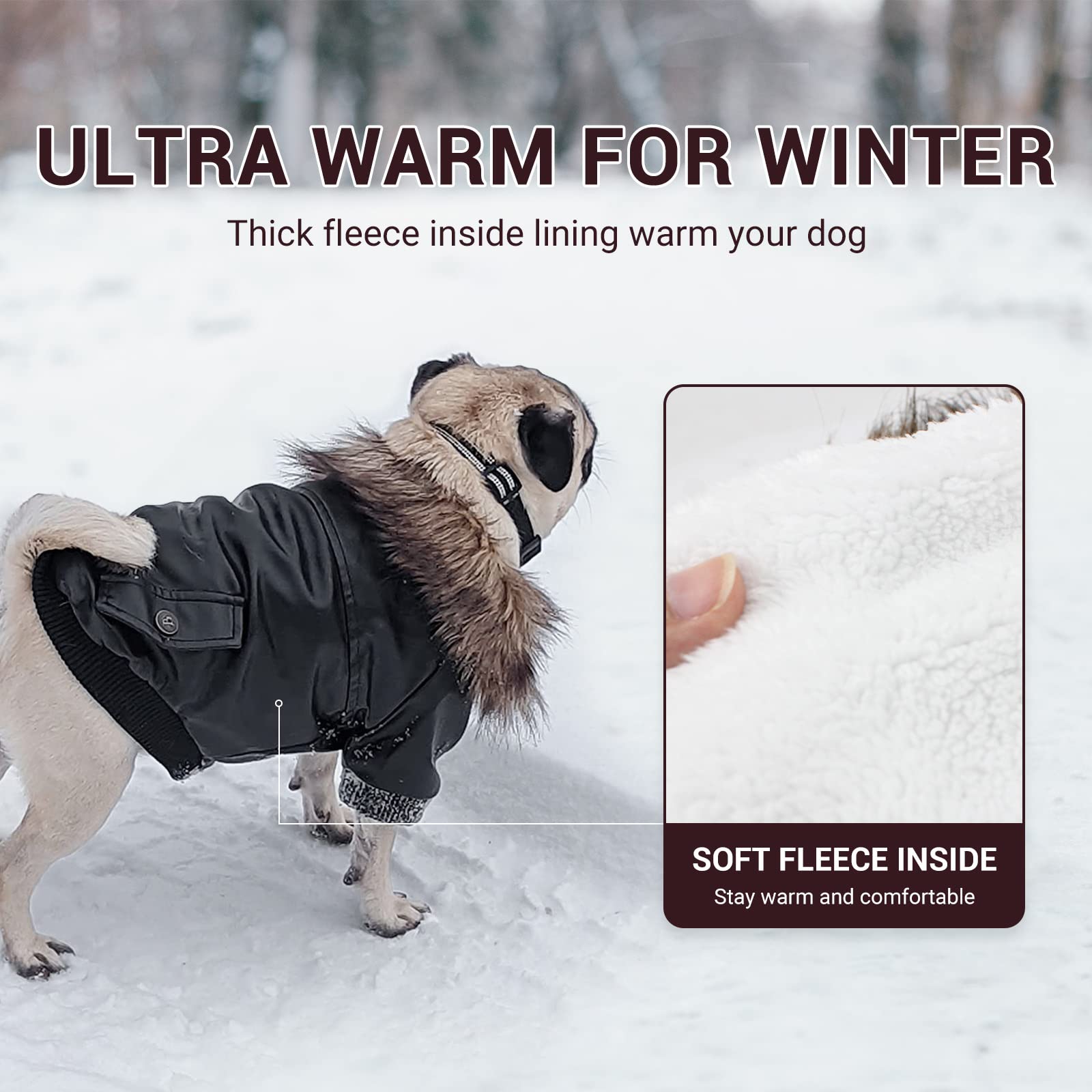 Lesypet Warm Dog Jacket Winter Dog Coats Windproof Waterproof Fleece Lined Dog Leather Jackets For Small Dogs Puppy Black Large
