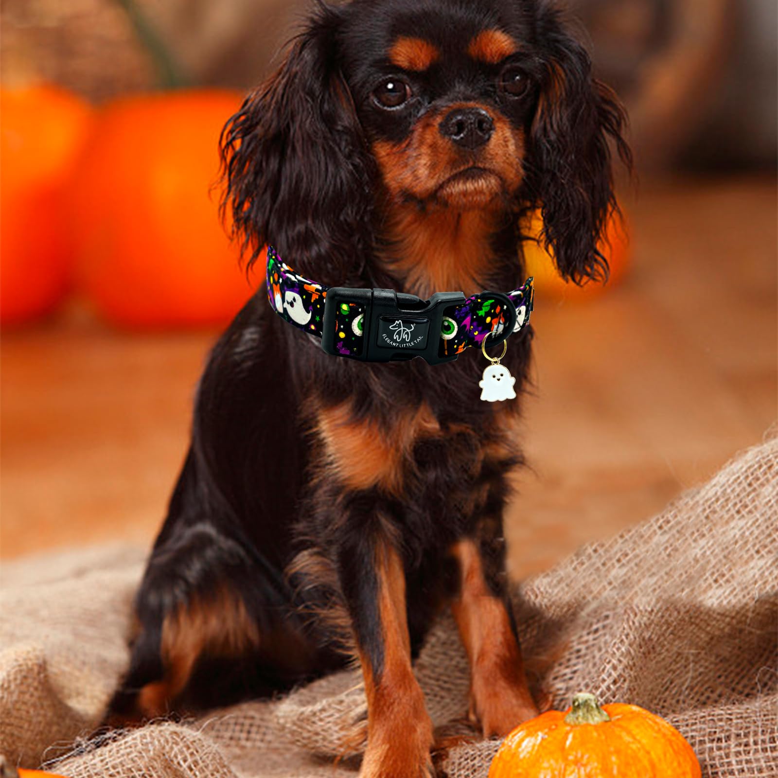 Elegant Little Tail Halloween Dog Collar, Ghosts Print Fall Male Cute Puppy Adjustable Cotton Pet Collar With Quick Release Buck