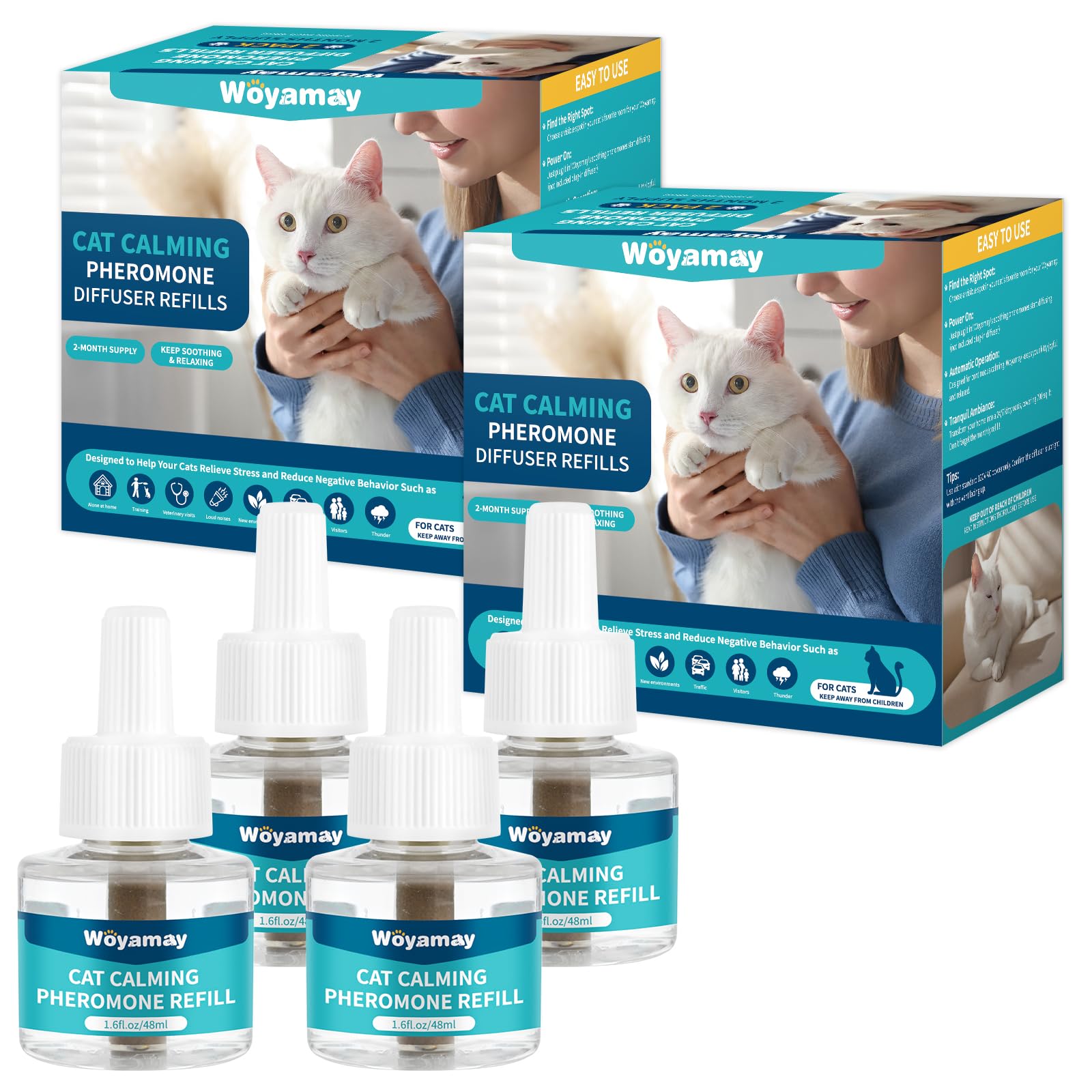 Woyamay Cat Calming Diffuser Refills - 4 Pack Cat Pheromones Calming Diffuser for Cat Anxiety Relief, Cat Pheromone Diffuser, 12