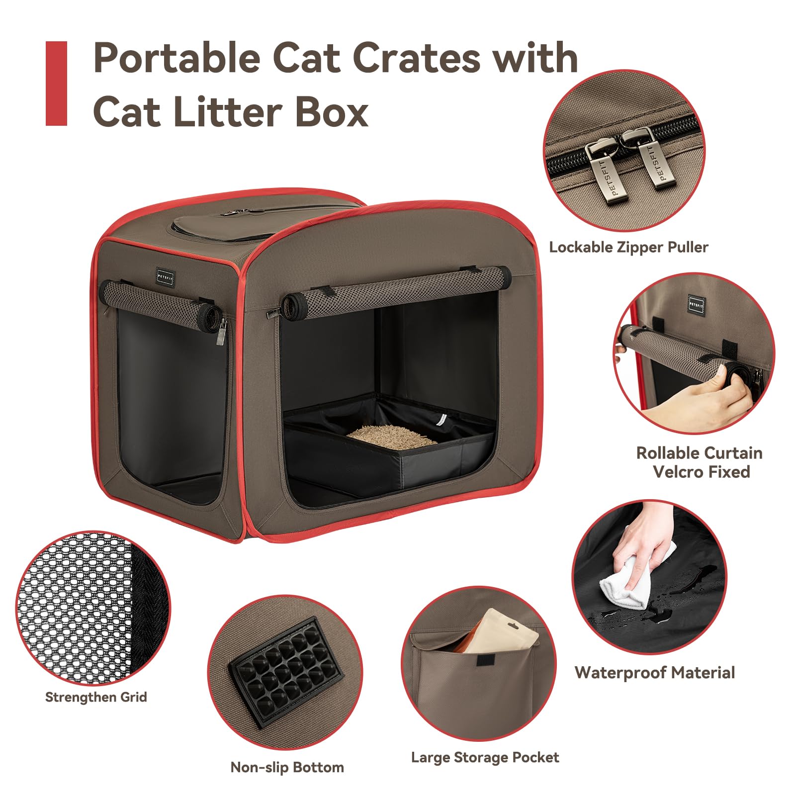 Petsfit Portable Cat Crate With Litter Box And Soft Cushion, Collapsible Pop Up Cat Kennel With Carrying Bag For Travel