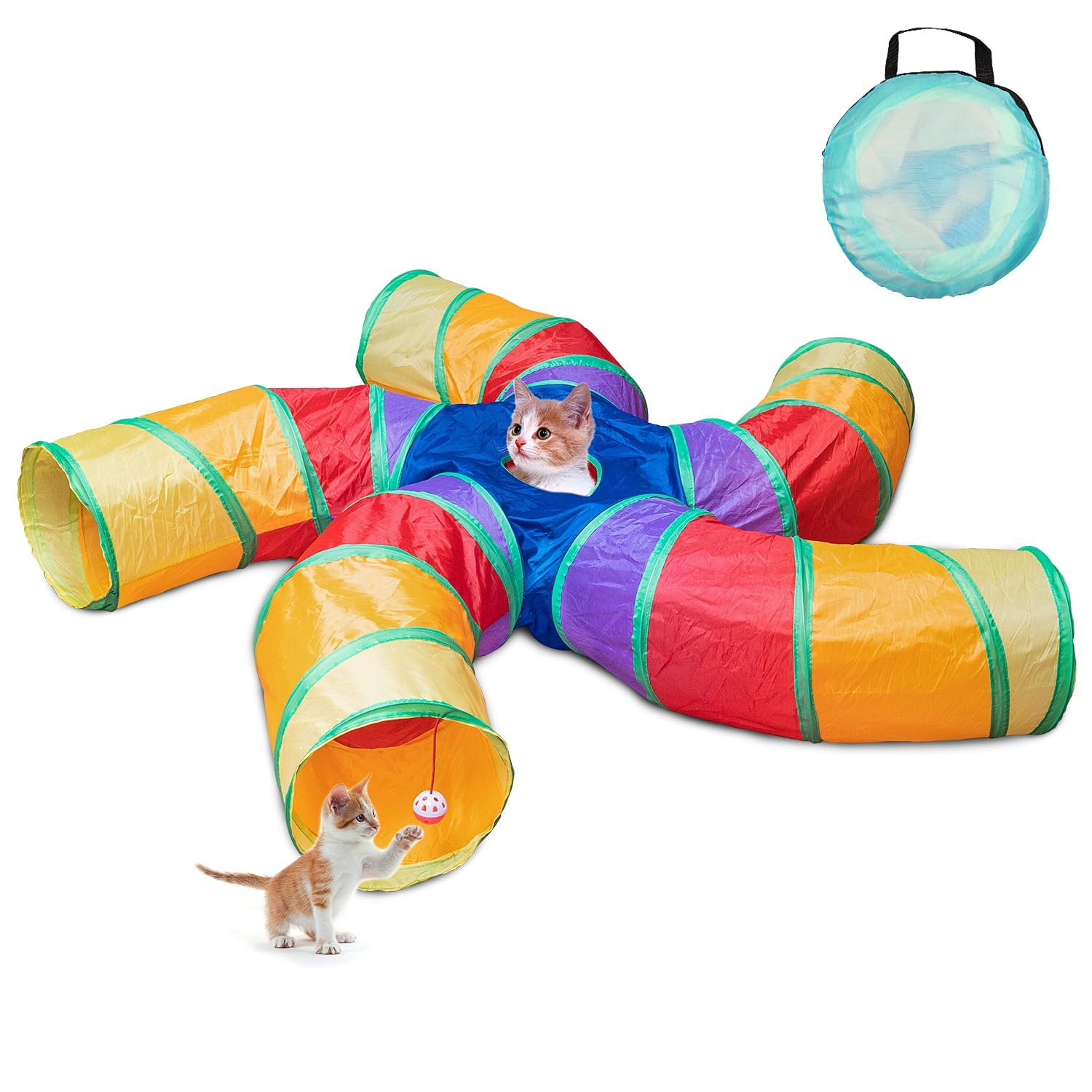 Depets Cat Tunnel for Indoor Cats, 5 Way Large Cat Play Tunnel & Tube with Play Ball, S-Shaped Folded Pet Tube with Interactive 