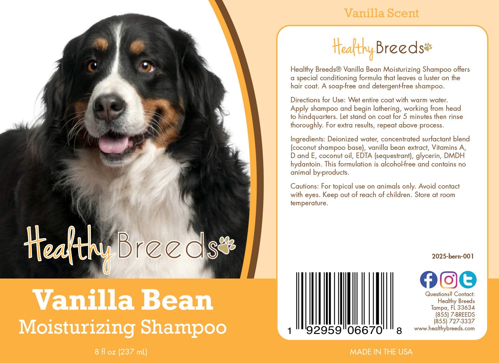 Healthy Breeds Bernese Mountain Dog Vanilla Bean Moisturizing Shampoo 8 Oz