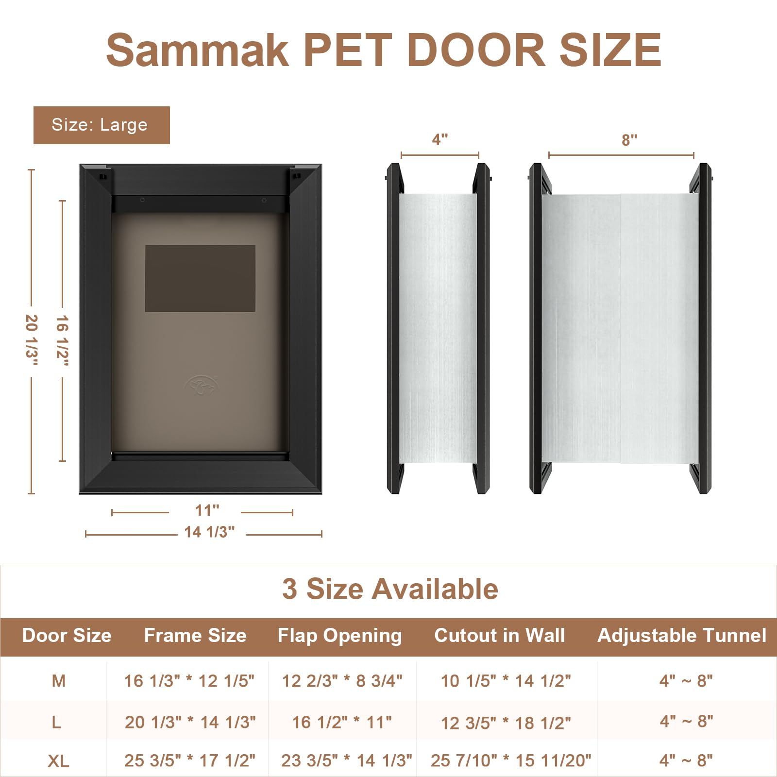 Sammak Large Dog Door - Heavy Duty Aluminum Frame, Telescoping Tunnel, Black, Up to 110lbs, Model Sammak-L