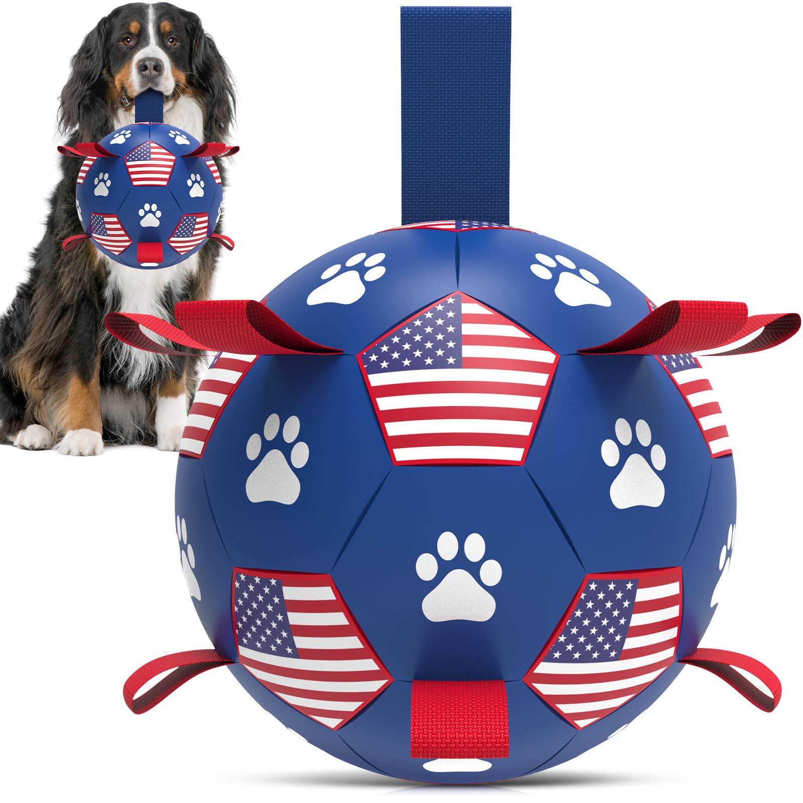 Qdan Dog Toys Soccer Ball With Straps - Durable Dog Balls For Extra Large Dogs, Beach Pool Dog Water Toy, Puppy Dog Birthday Gifts, Herding Balls For Dog (9 Inch), American Flag
