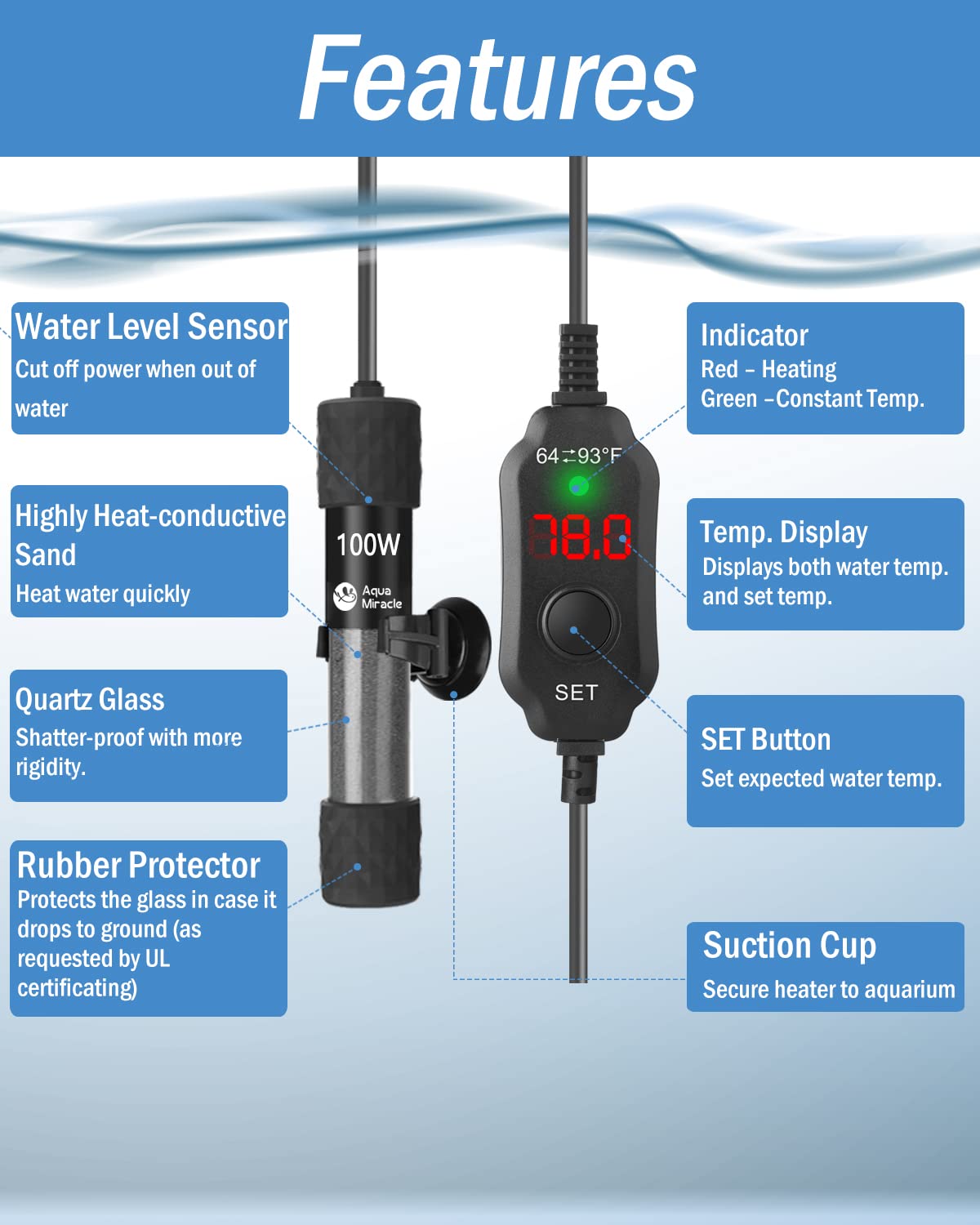 AquaMiracle Adjustable 100W Submersible Aquarium Heater with LED Display for 10-20 Gallon Fish Tanks