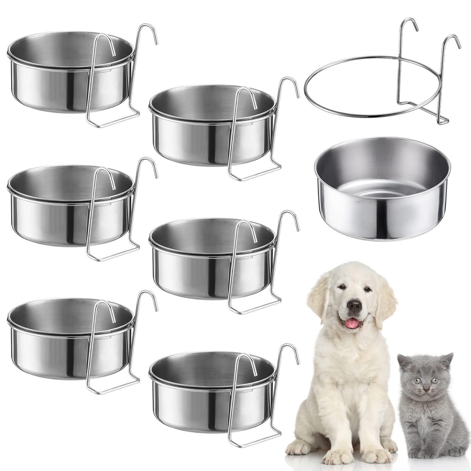 mumufy 6 Pieces Stainless Steel Hanging Water Bowls with Holder Detached Anti Spill Pet Metal Bowl Cage Kennel Crate Food Bowl(3