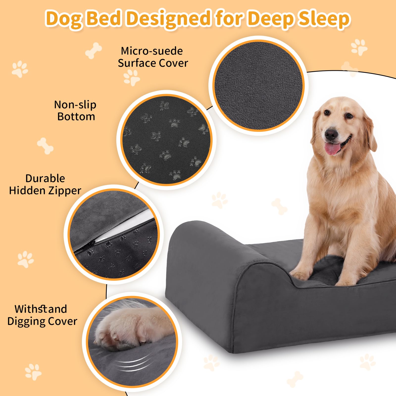 Rainmr 7 Inch Orthopedic Dog Bed For Large Dogs - Chew-Resistant & Washable Microsuede Cover/Waterproof Inner Case - With 4 Inch