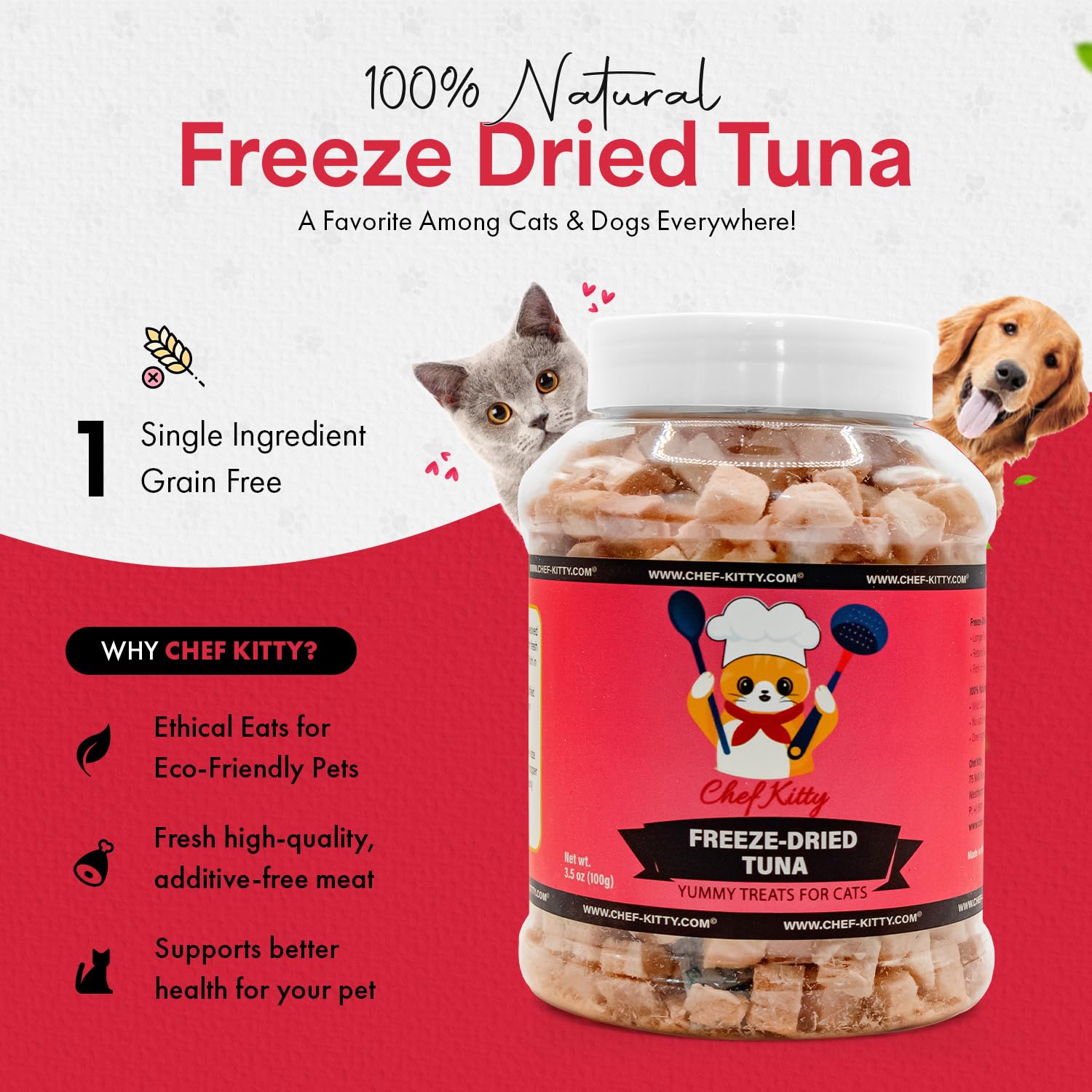 Chef Kitty Freeze-Dried Tuna Treats for Cats & Dogs - 100% Wild Caught, Single Ingredient, High-Protein, Healthy Snack - No Addi