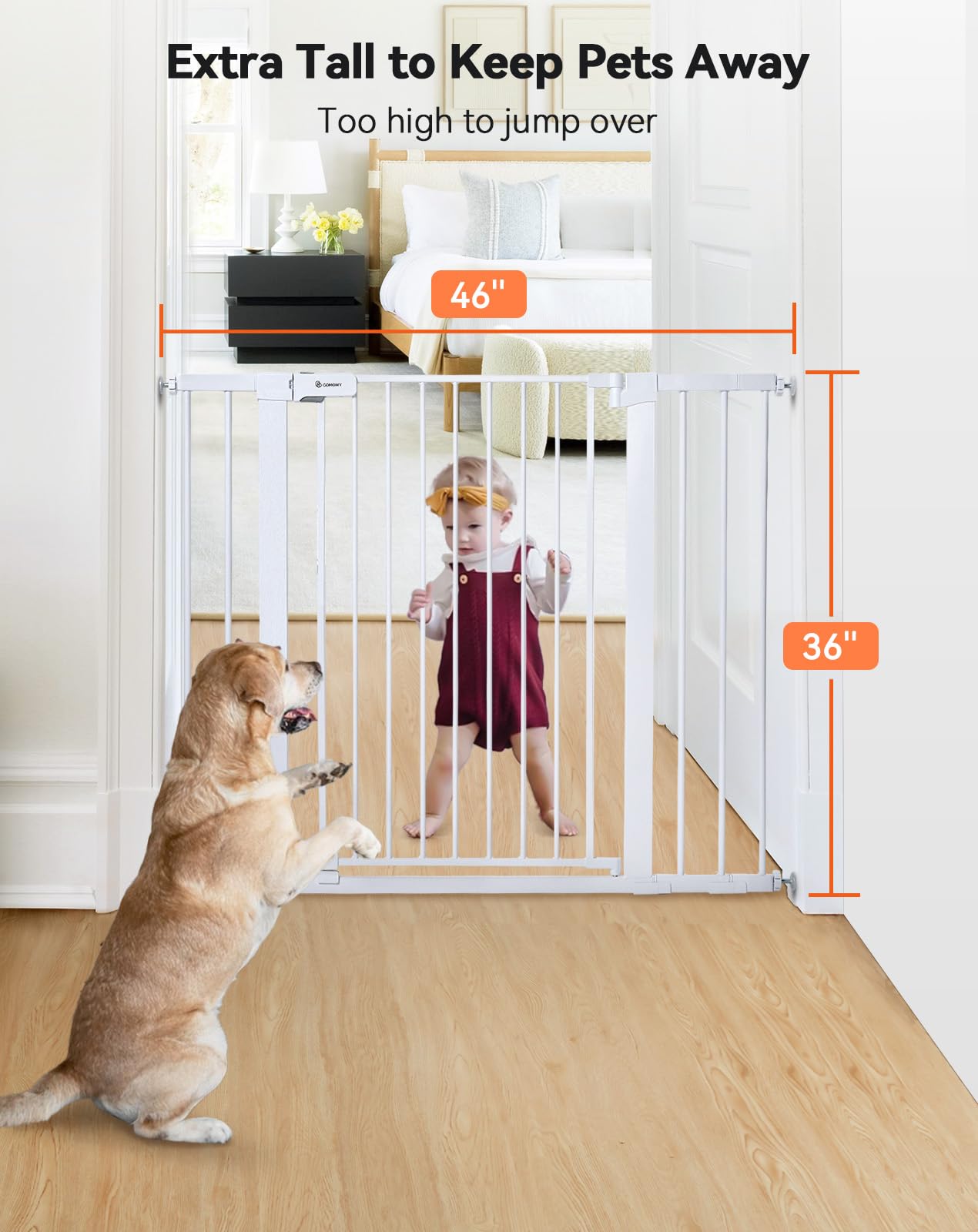 Comomy 36' Extra Tall Baby Gate For Stairs Doorways, Fits Openings 29.5' To 46' Wide, Auto Close Extra Wide Dog Gate For House, Pressure Mounted Easy Walk Through Pet Gate With Door, White